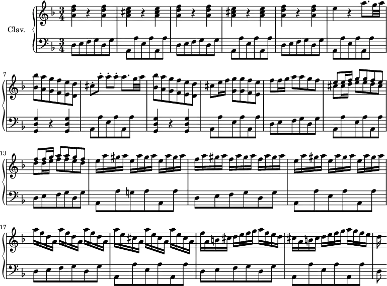 
\version "2.18.2"
\header {
  tagline = ##f
  % composer = "Domenico Scarlatti"
  % opus = "K. deest"
  % meter = ""
}

%% les petites notes
trillAqp       = { \tag #'print { a8. } \tag #'midi { bes32 a bes a~ a16 } }
base           = { d,8 e f g d g | a, a' e a a, a' }

upper = \relative c'' {
  \clef treble 
  \key d \minor
  \time 3/4
  \tempo 4 = 88
  \set Staff.midiInstrument = #"harpsichord"
  \override TupletBracket.bracket-visibility = ##f

      %s8*0^\markup{Allegro}
      \repeat unfold 2 { < a d f >4 r4 q4 | < a cis e >4 r4 q4 } | < a d f >4 r4 q4 | e'4 r4 \trillAqp g32 a | < bes, bes' >8 < a a' > < g g' > < f f'> < e e' > < d d' > |
      % ms. 3
      cis'8-. a'-. a-. a-. \trillAqp g32 a | < bes, bes' >8 < a a' > < g g' > < f f'> < e e' > < d d' > | cis'8 e16 f < g, g' >8 q < f f' > < e e' >
      % ms. 11
      f'8 f16 g a8 a g f | << { e8 e16 f g8 g f e | f f16 g a8 a g f } \\ { cis8 cis16 d e8 e d cis | d d16 e f8 f e d  } >> |
      % ms. 14
      \repeat unfold 3 { e16 a gis a } | \repeat unfold 3 { f16 a gis a }
      % ms. 16
      \repeat unfold 3 { e16 a gis a } | \repeat unfold 3 { a16 f d a } | \repeat unfold 3 { a'16 e cis a } | 
      % ms. 19
      f'16 a, b cis d e f g a f e d | cis a b cis d e f g a g f e | d 

}

lower = \relative c' {
  \clef bass
  \key d \minor
  \time 3/4
  \set Staff.midiInstrument = #"harpsichord"
  \override TupletBracket.bracket-visibility = ##f

    % ************************************** \appoggiatura a16  \repeat unfold 2 {  } \times 2/3 { }   \omit TupletNumber 
      \repeat unfold 3 { \base } |
      % ms. 7
      \repeat unfold 2 { < g, d' g >4 r4 q4 | a8 a' e a a, a' }
      % ms. 11
      \base | d,8 e f g d g | a, a' g! a a, a' |
      % ms. 16
      \base | \base |
      % ms. 19
      \base | d,8

}

thePianoStaff = \new PianoStaff <<
    \set PianoStaff.instrumentName = #"Clav."
    \new Staff = "upper" \upper
    \new Staff = "lower" \lower
  >>

\score {
  \keepWithTag #'print \thePianoStaff
  \layout {
      #(layout-set-staff-size 17)
    \context {
      \Score
     \override SpacingSpanner.common-shortest-duration = #(ly:make-moment 1/2)
      \remove "Metronome_mark_engraver"
    }
  }
}

\score {
  \keepWithTag #'midi \thePianoStaff
  \midi { }
}
