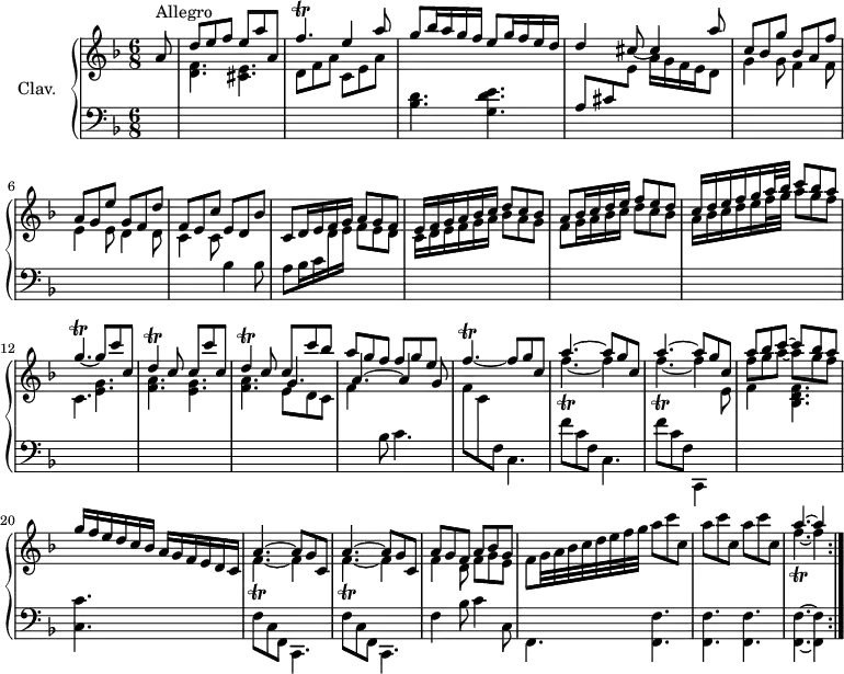 
\version "2.18.2"
\header {
  tagline = ##f
}

%% les petites notes
trillFpUp = { \tag #'print { f'4.\trill~ } \tag #'midi { \times 2/3 { g16 f g f g f~ } f8~ } }
trillFp = { \tag #'print { f4.\trill~ } \tag #'midi { \times 2/3 { g16 f g f g f~ } f8~ } } % liaison au cas où
trillGp = { \tag #'print { g4.\trill~ } \tag #'midi { \times 2/3 { a16 g a g a g~ } g8~ } }
trillDp = { \tag #'print { d4.\trill } \tag #'midi { \times 2/3 { e16 d e d e d~ } d8 } }

trillD = { \tag #'print { d4\trill } \tag #'midi { \times 2/3 { e16 d e d e d } } }


upper = \relative c'' {
  \clef treble 
  \key d \minor
  \time 6/8
  \tempo 4. = 82
  \set Staff.midiInstrument = #"harpsichord"

  \repeat volta 2 {
    \partial 8
    s8*0^\markup{Allegro}
    a8 | \stemUp d e f e a a, | \trillFpUp e4 a8 | g8 bes16 a g f e8 g16 f e d | d4 cis8~ cis4 a'8 |
      % ms. 5
      c,8 bes g' bes, a f' | a, g e' g, f d' | f, e c' e, d bes' | c,8 d16 e f g a8 g f | e16 f g a bes c d8 c bes |
      % ms. 10
      a8 bes16 c d e  f8 e d | c16 d e f g a32 bes c8 bes a | \trillGp g8 c c, | \trillD c8 c c' c, | \trillD c8 c c' bes |
      % ms. 15
      a8 g f f g e | \trillFp f8 g c, | \repeat unfold 2 { << { a'4.~ a8 g c, } \\ { \trillFp f4 } >> } << { a8 bes c~ c bes a } \\ { f8 g a~ a g f } >>
      % ms. 20
      g16 f e d c bes a g f e d c | \repeat unfold 2 { << { a'4.~ a8 g c, } \\ { \trillFp f4 } >> } | << { a8 g f a bes g } \\ { f4 d8 f g e } >> \stemDown f8 g32 a bes c d e f g \repeat unfold 3 { a8 c c, } |
      % ms. 26
      << { a'4.~ a4 } \\ { \trillFp f4 } >> }%reprise

}

lower = \relative c' {
  \clef bass
  \key d \minor
  \time 6/8
  \set Staff.midiInstrument = #"harpsichord"

  \repeat volta 2 {
    % *****************************
      s8 | \stemDown \change Staff = "upper" < d f >4. < cis e > d8 f a | c, e a | \change Staff = "lower" < bes, d >4. < g d' e > | \stemUp a8 cis \stemDown \change Staff = "upper" e a16 g f e d8 |
      % ms. 5
      g4 g8 f4 f8 | e4 e8 d4 d8 | c4 c8 \change Staff = "lower" bes4 bes8 | a8 bes16 c \change Staff = "upper" d16 e f8 e d | c16 d e f g a bes8 a g 
      % ms. 10
      f8 g16 a bes c d8 c bes | a16 bes c d e f32 g  a8 g f | c,4. < e g > | < f a > < e g > | < f a > << { \shiftOn g4. | a~ a4 g8 } \\ { e8 d c | f4 \change Staff = "lower" bes,8 c4. } >>
      % ms. 16
      \change Staff = "upper" f8 c \change Staff = "lower" f,8 c4. | f'8 c f, | c4.  |  f'8 c f, | c,4  \change Staff = "upper" e''8 | f4 s8 < bes, d f >4. |
      % ms. 20
      \change Staff = "lower" < c, c' >4. s4. | f8 c f, c4. | f'8 c f, c4. | f'4 bes8 c4 c,8 | f,4. < f f' > q   \tempo 4. = 66 q q~ q4   \tempo 4. = 82 }%reprise

}

thePianoStaff = \new PianoStaff <<
    \set PianoStaff.instrumentName = #"Clav."
    \new Staff = "upper" \upper
    \new Staff = "lower" \lower
  >>

\score {
  \keepWithTag #'print \thePianoStaff
  \layout {
      #(layout-set-staff-size 17)
    \context {
      \Score
     \override SpacingSpanner.common-shortest-duration = #(ly:make-moment 1/2)
      \remove "Metronome_mark_engraver"
    }
  }
}

\score {
  \unfoldRepeats
  \keepWithTag #'midi \thePianoStaff
  \midi { }
}
