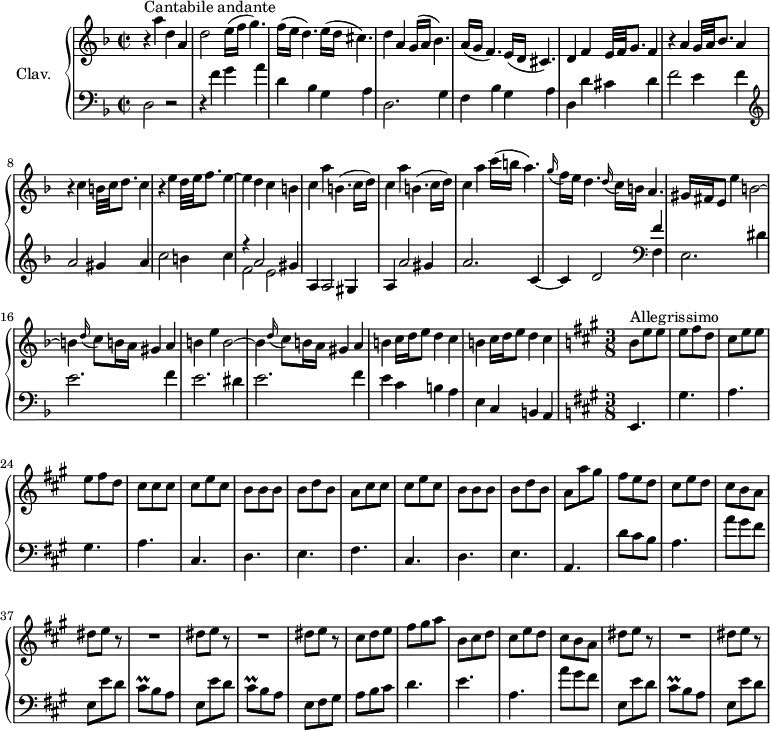 \version "2.18.2"
\header {
tagline = ##f
}
%% les petites notes
trillCisq = { \tag #'print { cis8\prall } \tag #'midi { d32 cis d cis } }
upper = \relative c'' {
\clef treble
\key d \minor
\time 2/2
\tempo 2 = 62
\set Staff.midiInstrument = #"harpsichord"
\override TupletBracket.bracket-visibility = ##f
s8*0^\markup{Cantabile andante} r4 a'4 d, a | d2 e16( f g4.) | f16( e d4.) e16( d cis4.) | d4 a g16( a bes4.) | a16( g f4.) e16( d cis4.) |
% ms. 6
d4 f e32 f g8. f4 | r4 a4 g32 a bes8. a4 | r4 c4 b32 c d8. c4 | r4 e4 d32 e f8. e4~ | e d c b |
% ms. 11
\repeat unfold 2 { c4 a' b,4.( c16 d) } c4 a' c16( b a4.) | \appoggiatura g16 f16 e d4. \appoggiatura d16 c16 b a4. | gis16 fis e8 e'4 b2~ |
% ms. 16
b4 \appoggiatura d16 c8 b16 a gis4 a | b e b2~ | b4 \appoggiatura d16 c8 b16 a gis4 a | \repeat unfold 2 { b c16 d e8 d4 c } |
% ms. 21
\tempo 4. = 98 \time 3/8 \key a \major b8^\markup{Allegrissimo} e e | \tempo 4. = 105 e fis d | cis e e | e fis d | cis cis cis | cis e cis | b b b | b d b |
% ms. 29
a8 cis cis | cis e cis | b b b | b d b | a a' gis | fis e d | cis e d | cis b a | \repeat unfold 2 { dis8 e r8 |
% ms. 38
R4. } | dis8 e r8 | cis8 d e | fis gis a | b, cis d | cis e d | cis b a |
% ms. 47
dis8 e r8 R4. dis8 e r8
}
lower = \relative c {
\clef bass
\key d \minor
\time 2/2
\set Staff.midiInstrument = #"harpsichord"
% **************************************
d2 r2 | r4 f'4 g a | d, bes g a | d,2. g4 | f bes g a |
% ms. 6
d,4 d' cis d | f2 e4 f | \clef treble a2 gis4 a | c2 b4 c | << { r4 a2 gis4 | } \\ { f2 e } >>
% ms. 11
a,4 a2 gis4 | a a'2 gis4 | a2. c,4~ | c d2 \clef bass << { f4 } \\ { f,4 | e2. dis'4 } >>
% ms. 16
e2. f4 | e2. dis4 | e2. f4 | e c b a | e c b \tempo 2 = 45 a4 |
% ms. 21
\time 3/8 \key a \major e4. | gis' a gis a cis, d e
% ms. 29
fis4. cis d e a, | d'8 cis b | a4. | a'8 gis fis | e,8 e' d |
% ms. 38
\trillCisq b8 a | e e' d | \trillCisq b8 a | e fis gis a b cis | d4. e a, | a'8 gis fis |
% ms. 47
e,8 e' d | \trillCisq b a | e e' d |
}
thePianoStaff = \new PianoStaff <<
\set PianoStaff.instrumentName = #"Clav."
\new Staff = "upper" \upper
\new Staff = "lower" \lower
>>
\score {
\keepWithTag #'print \thePianoStaff
\layout {
#(layout-set-staff-size 17)
\context {
\Score
\override SpacingSpanner.common-shortest-duration = #(ly:make-moment 1/2)
\remove "Metronome_mark_engraver"
}
}
}
\score {
\keepWithTag #'midi \thePianoStaff
\midi { }
}