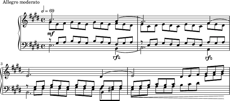 
\version "2.18.2"
\header {
  tagline = ##f
}
upper = \relative c'' {
  \clef treble 
  \key e \major
  \time 4/4
  \tempo 2 = 69
  \override TupletBracket.bracket-visibility = ##f

   %%Montgeroult — Étude 75 (pdf p. 35)

   << { b2.\mf a4( gis2.) fis4( e2.) dis4( e2) \tuplet 3/2 { dis8 e fis } \tuplet 3/2 { gis a b } } \\ { \tuplet 3/2 { gis8 e fis } \repeat unfold 2 { \tuplet 3/2 { gis fis e }}  \tuplet 3/2 { fis e dis } | \tuplet 3/2 { e cis dis } \repeat unfold 2 { \tuplet 3/2 { e dis cis }}  \tuplet 3/2 { fis e dis } } >>

}

lower = \relative c {
  \clef bass
  \key e \major
  \time 4/4

   
   << { \tuplet 3/2 { r8 gis'8 a } \repeat unfold 2 { \tuplet 3/2 { b a gis }}  \tuplet 3/2 { fis gis a } | \tuplet 3/2 { r8 e fis } \repeat unfold 2 { \tuplet 3/2 { gis fis e }}  \tuplet 3/2 { a gis a } } \\ { e2. b4(\rfz cis2.) a4\rfz } >>

  << { \tuplet 3/2 { r8 gis'8 a } \repeat unfold 2 { \tuplet 3/2 { b a gis }}  \tuplet 3/2 { a gis a } | } \\ { b,2. b4 } \\ { \tuplet 3/2 { \stemDown s8 e fis } \repeat unfold 2 { \tuplet 3/2 { gis fis e }}  \tuplet 3/2 { fis eis fis } } >>

  << { \tuplet 3/2 { gis8_\< a b } \tuplet 3/2 { cis b cis } s4 \change Staff = "upper" \tuplet 3/2 { \stemDown e8 fis gis\! } } \\ { \tuplet 3/2 { e, fis gis } \tuplet 3/2 { a gis a } \tuplet 3/2 { b cis dis } } >>

}

  \header {
    piece = "Allegro moderato"
  }

\score {
  \new PianoStaff <<
    \new Staff = "upper" \upper
    \new Staff = "lower" \lower
  >>
  \layout {
    \override TupletBracket.bracket-visibility = ##f
    \context {
      \Score
      %\remove "Metronome_mark_engraver"
      \omit TupletNumber
    }
  }
  \midi { }
}
