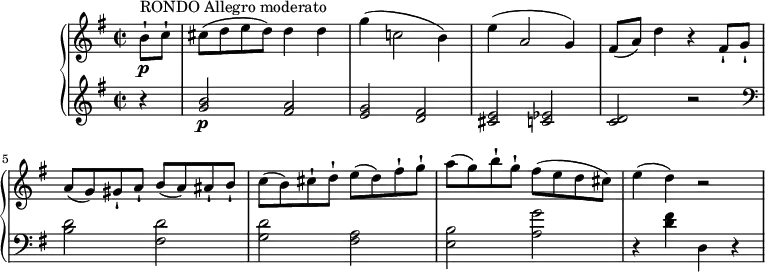 
\version "2.18.2"
\header {
  tagline = ##f
}
upper = \relative c' {
         \clef "treble" 
         \tempo "Allegro moderato"
         \key g \major
         \time 2/2 
         \tempo 4 = 140
         \partial 8 b'8-! \p ^\markup {RONDO Allegro moderato} c-!
         cis8 (d e d) d4 d
         g (c,!2 b4)
         e4 (a,2 g4)
         fis8 (a) d4 r fis,8-! g-!
         a (g) gis-! a-! b (a) ais-! b-!
         c (b) cis-! d-! e (d) fis-! g-!
          a (g) b-! g-! fis (e d cis) 
          e4 (d) r2
}

lower =\relative c' {      
         \clef "treble"  
         \key g \major
         \time 2/2
     \partial 4 r4 <g' b>2 \p <fis a> <e g> <d fis> <cis e> <c ees> <c d> r2 
     \clef "bass" <b d> <fis d'> <g d'> <fis a> <e b'> <a g'>
      r4 <d fis> d, r
  }     
\score {
  \new PianoStaff <<  
    \new Staff = "upper" \upper
    \new Staff = "lower" \lower
  >>
  \layout {
    \context {
      \Score
      \remove "Metronome_mark_engraver"
    }
  }
  \midi { }
}
