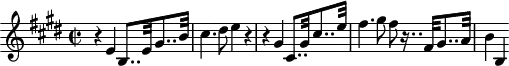 
\header {
  tagline = ##f
}

\score {
  \new Staff \with {

  }
<<
  \relative c' {
    \clef treble
    \key e \major
    \time 2/2
    \tempo 2 = 55
    \override TupletBracket #'bracket-visibility = ##f
    %\autoBeamOff
    \set Staff.midiInstrument = #"string ensemble 1"

     %%%%%%%%%%%%%%%%%%%%%%%%%% AB 7-4 th1
     r4 e4 b8..[ e32 gis8.. b32] cis4. dis8 e4 r4 r4 gis,4 cis,8..[ gis'32 cis8.. e32] fis4. gis8 fis8 r16.. fis,32[ gis8.. a32] b4 b,

  }
>>
  \layout {
    \context { \Score \remove "Metronome_mark_engraver"
    \override SpacingSpanner.common-shortest-duration = #(ly:make-moment 1/2)
    }
  }
  \midi {}
}
