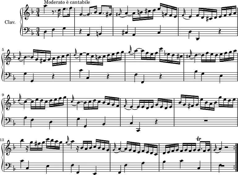 
\version "2.18.2"
\header {
  tagline = ##f
}

%% les petites notes
trillGqp = { \tag #'print { g8.\trill } \tag #'midi { a32 g a g a g } }
appoAqqL = { \tag #'print { \appoggiatura gis16 a4~ } \tag #'midi { gis8 \tempo 4. = 50 a8~ \tempo 4. = 52 } }
appoFqqL = { \tag #'print { \appoggiatura e16 f4~ } \tag #'midi { e8. \tempo 4. = 50 f16~ \tempo 4. = 52 } }
appoBesqqL = { \tag #'print { \appoggiatura a32 bes4~ } \tag #'midi { a8. \tempo 4. = 50 bes16~ \tempo 4. = 52 } }
appoDqqLDown = { \tag #'print { \appoggiatura d,32 c4~ } \tag #'midi { d8. \tempo 4. = 50 c16~ \tempo 4. = 52 } }
appoCqqLDown = { \tag #'print { \appoggiatura c,32 bes4~ } \tag #'midi { c8. \tempo 4. = 50 bes16~ \tempo 4. = 52 } }
appoEqqL = { \tag #'print { \appoggiatura d32 e4~ } \tag #'midi { d8. \tempo 4. = 50 e16~ \tempo 4. = 52 } }
appoGqqL = { \tag #'print { \appoggiatura g32 a4~ } \tag #'midi { g8. \tempo 4. = 50 a16~ \tempo 4. = 52 } }
appoFqqL = { \tag #'print { \appoggiatura f32 e4~ } \tag #'midi { f8. \tempo 4. = 50 e16~ \tempo 4. = 52 } }
appoCisqqL = { \tag #'print { \appoggiatura cis32 d4~ } \tag #'midi { cis8. \tempo 4. = 50 d16~ \tempo 4. = 52 } }
appoAqq = { \tag #'print { \appoggiatura g16 a4~ } \tag #'midi { g8 \tempo 4. = 25 f8 \tempo 4. = 52 } }

upper = \relative c'' {
  \clef treble 
  \key d \minor
  \time 3/4
  \tempo 4. = 52
  \set Staff.midiInstrument = #"harpsichord"

  \repeat volta 2 {
     s8*0^\markup{Moderato è cantabile}
     a'4 r8. d,16 e8. f16 | g,4~ g8. bes16 a8. gis16 |  \appoAqqL a16 b cis d e g, f e  | 
     % ms. 4
      \appoFqqL f16 d cis d e f g a |  \appoBesqqL bes16 g fis g a bes c d |  \appoEqqL e16 c b c d e f g |  \appoGqqL a16 f e f c' ees, d cis |
     % ms. 8
      \appoCisqqL d16 f e d e f g a |  \appoDqqLDown c16 e d c d e f g | \appoCqqLDown bes16 c d c bes a g f | \appoFqqL e16 e d e g e d e | bes' g fis g e' bes a bes g' e d e | bes'4 r16 g16 fis g c bes a g | \appoGqqL r16 bes, a bes c bes a g | \appoGqqL a16 g f e f e d c |
     % ms. 16
     d16 e f g f g f g \trillGqp f32 g \appoAqq r2 
}%reprise
}

lower = \relative c' {
  \clef bass
  \key d \minor
  \time 3/4
  \set Staff.midiInstrument = #"harpsichord"

  \repeat volta 2 {
    % **************************************
     d,4 f g | r4 a, b | cis a cis | d d, r4 | g' g, r4 | c' c, r4 | f f, r4 |
     % ms. 8
     bes'4 g e | a f d | g g, bes | c c, r4 | R2. | c''4 c, e | f f, e | f f' a |
     % m. 16 
     bes4 c c, | f R2
}%reprise

}

thePianoStaff = \new PianoStaff <<
    \set PianoStaff.instrumentName = #"Clav."
    \new Staff = "upper" \upper
    \new Staff = "lower" \lower
  >>

\score {
  \keepWithTag #'print \thePianoStaff
  \layout {
      #(layout-set-staff-size 17)
    \context {
      \Score
     \override SpacingSpanner.common-shortest-duration = #(ly:make-moment 1/2)
      \remove "Metronome_mark_engraver"
    }
  }
}

\score {
  \unfoldRepeats
  \keepWithTag #'midi \thePianoStaff
  \midi { }
}
