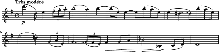 
\new Staff \with {midiInstrument = #"violin"} {
  \version "2.18.2"
  \relative c''{
  \key e \minor
  \time 4/4
  
  \tempo "Très modéré"
  d'4.\p (d,8) e4 \tuplet 3/2 { fis8-. (g-. a-.) }
  b2 (a4) b4 ~ b8 (e,) e4 ~ e8 b' (a e)
  e4 (dis ~ dis8)  b' (a e)
  e2 (d!4) \tuplet 3/2 { g,8 (a e) }
  g4 ~ \tuplet 3/2 { g8 (fis e) } fis4 \< g8 a
  bes2 \>  bes,4 \! (c8 d)
  d1
  }
}
  \midi {
    \context {
      \Score
      tempoWholesPerMinute = #(ly:make-moment 90 4)
    }
  }

