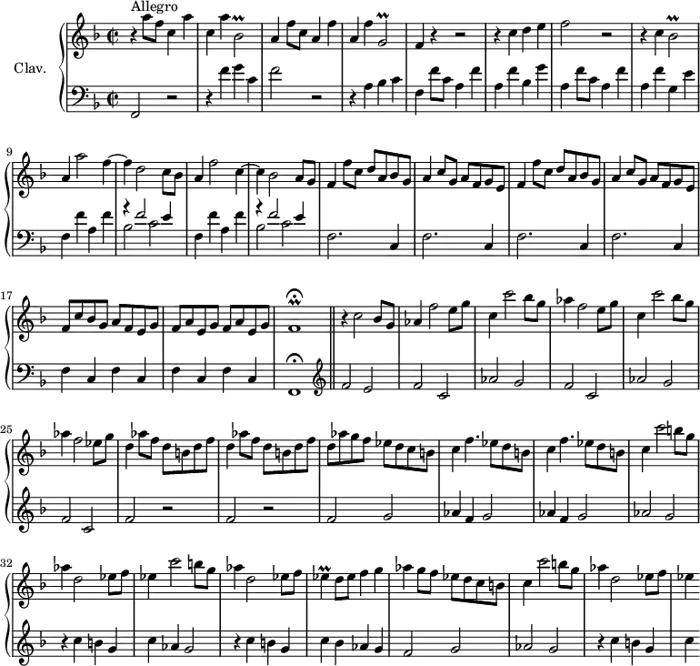 
\version "2.18.2"
\header {
  tagline = ##f
  % composer = "Domenico Scarlatti"
  % opus = "K. 378"
  % meter = "Allegro"
}

%% les petites notes
trillBesbDown     = { \tag #'print { bes,2\prall } \tag #'midi { c16 bes c bes~ bes4 } }
trillBesb         = { \tag #'print { bes2\prall } \tag #'midi { c16 bes c bes~ bes4 } }
trillGbDown       = { \tag #'print { g,2\prall } \tag #'midi { a16 g a g~ g4 } }
trillFr           = { \tag #'print { f1\prall\fermata } \tag #'midi { \repeat unfold 3 { g16 f~ } \tempo 2 = 40 f8~ f2 \tempo 2 = 92 } }
trillEes          = { \tag #'print { ees4\prall } \tag #'midi { f16 ees f ees } }

upper = \relative c'' {
  \clef treble 
  \key f \major
  \time 2/2
  \tempo 2 = 92
  \set Staff.midiInstrument = #"harpsichord"
  \override TupletBracket.bracket-visibility = ##f

      s8*0^\markup{Allegro}
      r4 a'8 f \repeat unfold 2 { c4 a' } \trillBesbDown | a4 f'8 c \repeat unfold 2 { a4 f' } \trillGbDown |
      % ms. 5
      f4 r4 r2 | r4 c'4 d e | f2 r2 | r4 c4 \trillBesb | a4 a'2 f4~ |
      % ms. 10
      f4 d2 c8 bes | a4 f'2 c4~ | c bes2 a8 g | \repeat unfold 2 { f4 f'8 c d a bes g | a4 c8 g a f g e } |
      % ms. 17
      f8 c' bes g a f e g | f a e g f a e g | \trillFr 
      % ms. 20
      r4 c'2 bes8 g | aes4 f'2 e8 g | c,4 c'2 bes8 g | aes4 f2 e8 g | c,4 c'2 bes8 g |
      % ms. 25
      aes4 f2 ees8 g | \repeat unfold 2 { d4 aes'8 f d b d f } | d8 aes' g f ees d c b |
      % ms. 29
      \repeat unfold 2 { c4 f4. ees8 d b } | c4 c'2 b8 g | aes4 d,2 ees8 f | ees4 c'2 b8 g |
      % ms. 34
      aes4 d,2 ees8 f \trillEes d8 ees f4 g | aes4 g8 f ees d c b | c4 c'2 b8 g | aes4 d,2 ees8 f |
      % ms. 39
      ees4 
      % ms. 43
      
      % ms. 47
      

}

lower = \relative c' {
  \clef bass
  \key f \major
  \time 2/2
  \set Staff.midiInstrument = #"harpsichord"
  \override TupletBracket.bracket-visibility = ##f

    % ************************************** \appoggiatura a16  \repeat unfold 2 {  } \times 2/3 { }   \omit TupletNumber 
      f,,2 r2 | r4 f''4 g c, | f2 r2 | r4 a, bes c | 
      % ms. 5
      f,4 f'8 c a4 f' | a, f' bes, g' | a, f'8 c a4 f' | a, f' g, e' | f, f' a, f' |
      % ms. 10
      << { r4 f2 e4 } \\ { bes2 c } >> | f,4 f' a, f' | << { r4 f2 e4 } \\ { bes2 c } >> |
      % ms. 14
      \repeat unfold 4 { f,2. c4 } | \repeat unfold 4 { f4 c } f,1\fermata  \bar "||"   \clef treble 
      % ms. 20
      f''2 e | \repeat unfold 2 { f c | aes' g } |
      % ms. 25
      f2 c | \repeat unfold 2 { f r2 } | f2 g |
      % ms. 29
      \repeat unfold 2 { aes4 f g2 } | aes2 g | r4 c4 b g | c aes g2 |
      % ms. 34
      r4 c4 b g | c bes aes g | f2 g | aes g | r4 c b g |
      % ms. 39
      c4
      % ms. 43
      
      % ms. 47
      

}

thePianoStaff = \new PianoStaff <<
    \set PianoStaff.instrumentName = #"Clav."
    \new Staff = "upper" \upper
    \new Staff = "lower" \lower
  >>

\score {
  \keepWithTag #'print \thePianoStaff
  \layout {
      #(layout-set-staff-size 17)
    \context {
      \Score
     \override SpacingSpanner.common-shortest-duration = #(ly:make-moment 1/2)
      \remove "Metronome_mark_engraver"
    }
  }
}

\score {
  \keepWithTag #'midi \thePianoStaff
  \midi { }
}
