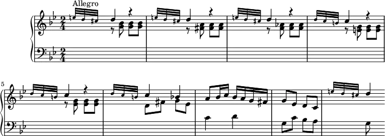 \version "2.18.2"
\header {
tagline = ##f
% composer = "João de Sousa Carvalho"
% opus = ""
% meter = "Allegro"
}
%% les petites notes
%trillBesp = { \tag #'print { bes4.\prall } \tag #'midi { c32 bes c bes~ bes4 } }
upper = \relative c'' {
\clef treble
\key g \minor
\time 2/4
\tempo 4 = 92
\set Staff.midiInstrument = #"harpsichord"
\override TupletBracket.bracket-visibility = ##f
s8*0^\markup{Allegro}
\stemUp \repeat unfold 3 { \grace { \tempo 4 = 28 e32 d cis } \tempo 4 = 92 \stemUp d4 r4 }
\repeat unfold 2 { \grace { \tempo 4 = 28 d32 c b } \stemUp \tempo 4 = 92 c4 r4 }
\grace { \tempo 4 = 28 d32 c b } \stemUp \tempo 4 = 92 c4 bes
% ms. 7
a8 bes16 c bes a g fis | g8 ees d c | \grace { \tempo 4 = 28 e'32 d cis } \stemUp \tempo 4 = 92 d4
% ms. x
% ms. x
% ms. x
}
lower = \relative c' {
\clef bass
\key g \minor
\time 2/4
\set Staff.midiInstrument = #"harpsichord"
\override TupletBracket.bracket-visibility = ##f
% ************************************** \appoggiatura a16 \repeat unfold 2 { } \times 2/3 { } \omit TupletNumber
\grace s16. \stemDown \change Staff = "upper" r8 < g' bes >8 q q | r8 < fis a >8 q q | r8 < f aes >8 q q | r8 < e g >8 q q | r8 < ees g >8 q q | \grace s16. d8 fis g ees | \stemNeutral \change Staff = "lower"
% ms. 7
c4 d | g,8 c bes a | \grace s16. g8
% ms. x
% ms. x
% ms. x
}
thePianoStaff = \new PianoStaff <<
\set PianoStaff.instrumentName = #"Clav."
\new Staff = "upper" \upper
\new Staff = "lower" \lower
>>
\score {
\keepWithTag #'print \thePianoStaff
\layout {
#(layout-set-staff-size 17)
\context {
\Score
\override SpacingSpanner.common-shortest-duration = #(ly:make-moment 1/2)
\remove "Metronome_mark_engraver"
}
}
}
\score {
\keepWithTag #'midi \thePianoStaff
\midi { }
}