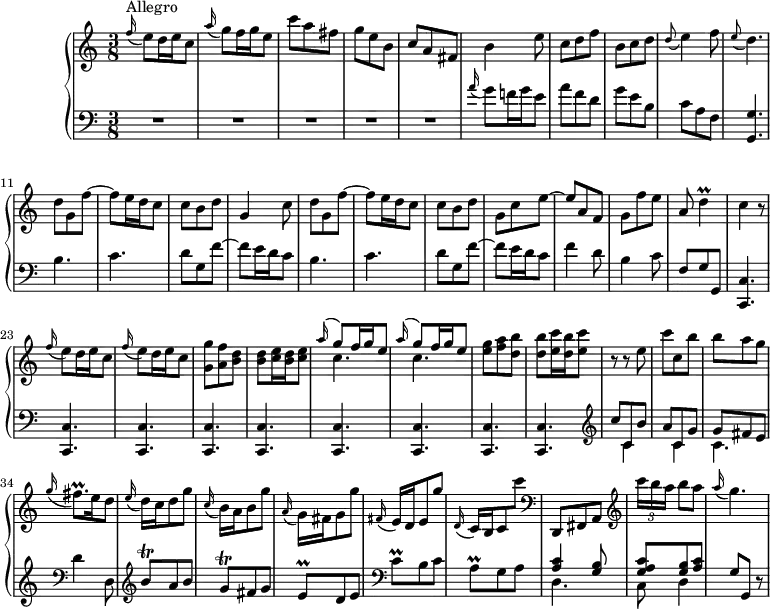 
\version "2.18.2"
\header {
  tagline = ##f
  % composer = "Domenico Scarlatti"
  % opus = "K. 243"
  % meter = "Allegro"
}

%% les petites notes
trillFisqp      = { \tag #'print { fis8.\prall } \tag #'midi { g32 fis g fis~ fis16 } }
trillD          = { \tag #'print { d4\prall } \tag #'midi { e32 d e d~ d8 } }
trillBqUpUp     = { \tag #'print { b''8\trill } \tag #'midi { c32 b c b } }
trillGq         = { \tag #'print { g8\trill } \tag #'midi { a32 g a g } }
trillCq         = { \tag #'print { c8\prall } \tag #'midi { d32 c d c } }
trillEq         = { \tag #'print { e8\prall } \tag #'midi { f32 e f e } }
trillAq         = { \tag #'print { a8\prall } \tag #'midi { b32 a b a } }

upper = \relative c'' {
  \clef treble 
  \key c \major
  \time 3/8
  \tempo 4. = 72

      s8*0^\markup{Allegro}
      \appoggiatura f16 e8 d16 e c8 | \appoggiatura a'16 g8 f16 g e8 | c'8 a fis | g e b | c a fis | b4 e8 |
      % ms. 7
      c8 d f | b, c d | \appoggiatura d8 e4 f8 | \appoggiatura e8 d4. | d8 g, f'~ | f e16 d c8 |
      % ms. 13
      c8 b d | g,4 c8 | d g, f'8~ | f e16 d c8 | c b d | g, c e~ |
      % ms. 19
      e8 a, f | g f' e | a, \trillD | c4 r8 | \repeat unfold 2 { \appoggiatura f16 e8 d16 e c8 } |
      % ms. 25
      < g g' >8 < a f' > < b d > | q < c e >16  < b d > < c e >8 | \repeat unfold 2 { << { \appoggiatura a'16 \stemUp g8 f16 g e8 } \\ { c4. } >> }
      < e g >8 < f a > < d b' > | q < e c' >16 < d b' > < e c' >8 |
      % ms. 31
      r8 r8 e8 | c'c, b' | b a g | \appoggiatura g16 \trillFisqp e16 d8 | 
      \appoggiatura e16 d16 c d8 g | \appoggiatura c,16 b16 a b8 g' | \appoggiatura a,16 g16 fis g8 g' |
      % ms. 38
      \appoggiatura fis,16 e16 d e8 g' | \appoggiatura d,16 \stemUp c16 b c8 \stemDown  c'' | \stemNeutral  \clef bass d,,,,8  fis a    \clef treble  |
      \times 2/3 { c'''16[ b a] } b8 a | \appoggiatura a16 g4. |
      

}

lower = \relative c' {
  \clef bass
  \key c \major
  \time 3/8

    % ************************************** \appoggiatura a16  \repeat unfold 2 {  } \times 2/3 { }   \omit TupletNumber 
      \appoggiatura s16 % bug
      R4.*5 |  \appoggiatura a'16 g8 f!16 g e8 | 
      % ms. 7
      a8 f d | g e b | c a f | < g, g' >4. | \repeat unfold 2 { b'4. c |
      % ms. 13
      d8 g, f'~ | f e16 d c8 } |
      % ms. 19
      f4 d8 | b4 c8 | f,8 g g, | \repeat unfold 9 { < c, c' >4. }   \clef treble |
      % ms. 31
      << { c'''8 c,b' | a c, g' | g fis e } \\ { s8 c4 s8 c4 c4. } >>   \clef bass | d4 d,8 \clef treble |
      \trillBqUpUp a8 b | \trillGq fis8 g | \trillEq d8 e  \clef bass |
      % ms. 38
      \trillCq b8 c | \trillAq g8 a | 
      << { < a c >4 < g b >8 | < g a c > < g b > < a c > } 
       \\ { d,4. | c8 d4 } >> g8 g, r8 |
 
}

thePianoStaff = \new PianoStaff <<
    \set PianoStaff.instrumentName = #"Clav."
    \new Staff = "upper" \upper
    \new Staff = "lower" \lower
  >>

\score {
  \keepWithTag #'print \thePianoStaff
  \layout {
      #(layout-set-staff-size 17)
    \context {
      \Score
     \override TupletBracket.bracket-visibility = ##f
     \override SpacingSpanner.common-shortest-duration = #(ly:make-moment 1/2)
      \remove "Metronome_mark_engraver"
    }
  }
}

\score {
  \keepWithTag #'midi \thePianoStaff
  \midi { \set Staff.midiInstrument = #"harpsichord" }
}
