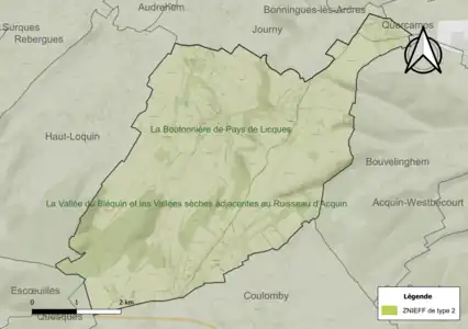 Carte des ZNIEFF de type 2 sur la commune.