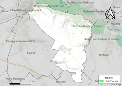 Carte des ZNIEFF de type 1 sur la commune.