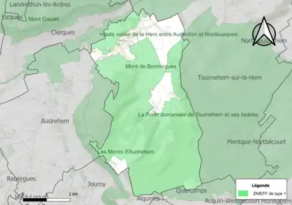 Carte des ZNIEFF de type 1 sur la commune.