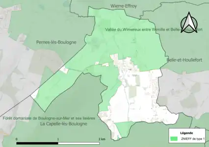 Carte des ZNIEFF de type 1 sur la commune.