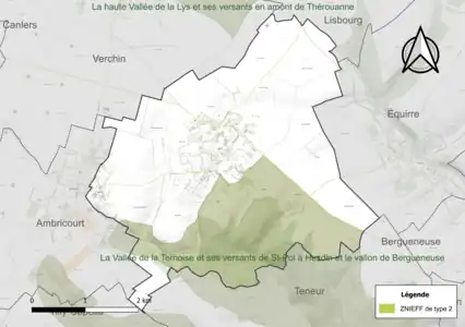 Carte de la ZNIEFF de type 2 sur la commune.