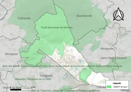 Carte des ZNIEFF de type 1 sur la commune.