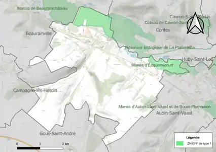 Carte des ZNIEFF de type 1 sur la commune.