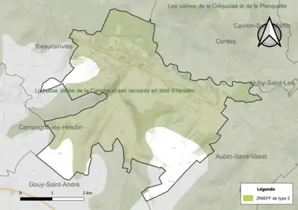 Carte de la ZNIEFF de type 2 sur la commune.