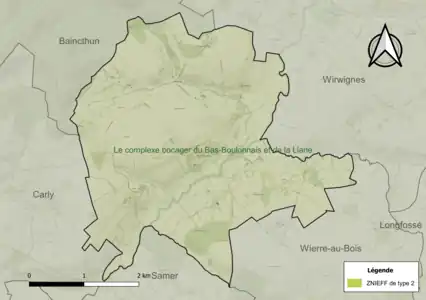 Carte de la ZNIEFF de type 2 sur la commune.