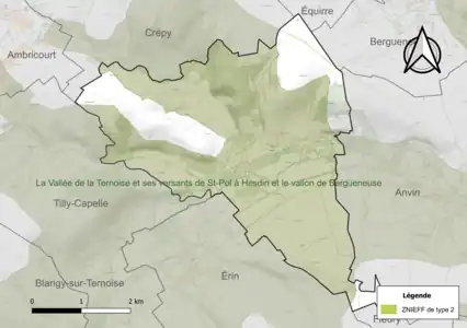 Carte de la ZNIEFF de type 2 sur la commune.