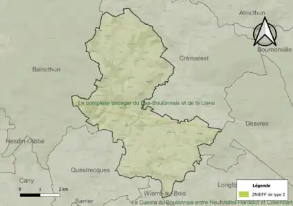 Carte de la ZNIEFF de type 2 sur la commune.