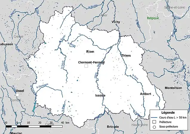 Carte des cours d'eau de longueur supérieure à 50&nbsp;km du Puy-de-Dôme.