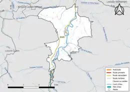 Carte en couleur présentant le réseau hydrographique de la commune