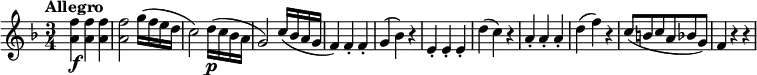
\relative c'' {
  \version "2.18.2"
  \tempo "Allegro"
  \key f \major
  \time 3/4
  \tempo 4 = 140
  <a f'>4 \f <a f'> <a f'> 
  <a f'>2 g'16 (f e d c2) d16 \p (c bes a g2)
  c16 (bes a g f4) f-. f-.
  g (bes) r
  e,-. e-. e-. 
  d' (c) r
  a-. a-. a-. d (f) r
  c8 (b c a bes! g)
  f4 r r
}
