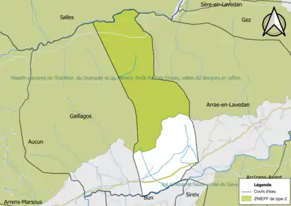 Carte de la ZNIEFF de type 2 sur la commune.