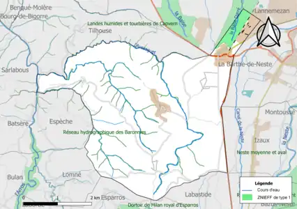 Carte en couleurs, délimitant une Zone naturelle sur la commune d'Avezaguet