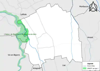 Carte de la ZNIEFF de type 1 sur la commune.