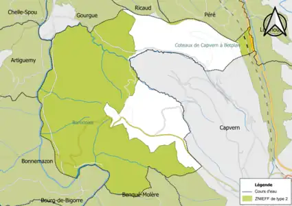 Carte des ZNIEFF de type 2 sur la commune.