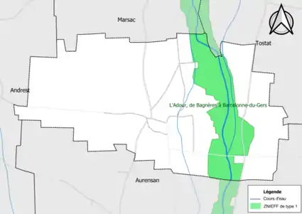 Carte de la ZNIEFF de type 1 sur la commune.