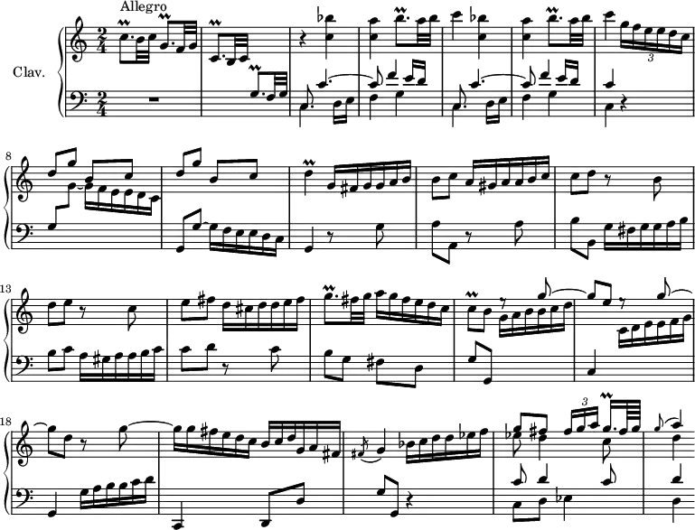
\version "2.18.2"
\header {
  tagline = ##f
  % composer = "Domenico Scarlatti"
  % opus = "K. 250"
  % meter = "Allegro"
}

%% les petites notes
trillBqpUp     = { \tag #'print { b'8.\prall } \tag #'midi { \times 2/3 { c32 b c } b8 } }
trillCqp       = { \tag #'print { c8.\prall } \tag #'midi { \times 2/3 { d32 c d } c8 } }
trillCqpDown   = { \tag #'print { c,8.\prall } \tag #'midi { \times 2/3 { d32 c d } c8 } }
trillGqp       = { \tag #'print { g8.\prall } \tag #'midi { \times 2/3 { a32 g a } g8 } }
trillCq        = { \tag #'print { c8\prall } \tag #'midi { d32 c d c~ } }
trillD         = { \tag #'print { d4\prall } \tag #'midi { e32 d e d~ d8 } }
trillGqqqp     = { \tag #'print { g16.\prall } \tag #'midi { \times 2/3 { g32 a g } g16~ } }
appoA          = { \tag #'print { \appoggiatura g8 a4 } \tag #'midi { g8 a8 } }

upper = \relative c'' {
  \clef treble 
  \key c \major
  \time 2/4
  \tempo 4 = 86
  \set Staff.midiInstrument = #"harpsichord"
  \override TupletBracket.bracket-visibility = ##f % 

      s8*0^\markup{Allegro}
      \trillCqp b32 c \trillGqp f32 g \trillCqpDown b32 c \stemUp \change Staff = "lower" \trillGqp f32 g \stemNeutral \change Staff = "upper" | r4 \repeat unfold 2 { < c' bes' >4 | < c a' > \trillBqpUp a32 b | c4 }
      % ms. 7 suite
      \times 2/3 { g16[ f e e d c] } | \stemUp \repeat unfold 2 { d8 g b, c } | \stemNeutral \omit TupletNumber \trillD \times 2/3 { g,16[ fis g g a b] } |
      % ms. 11
      b8 c \times 2/3 { a16[ gis a a b c] } | c8 d r8 b8 | d e r8 c8 | e fis \times 2/3 { d16[ cis d d e fis] } |
      % ms. 15
      \trillGqp fis32 g \times 2/3 { a16[ g fis e d c] }   |   \trillCq b8 e8\rest \stemUp g8^~ g e e8\rest g8^~ | \stemNeutral g d r8 g8~ |
      % ms. 19
      \times 2/3 { g16[ g fis e d c] }  \times 2/3 { b16[ c d g, a fis] }   |   \acciaccatura fis8 g4  \times 2/3 { bes16[ c d d ees f] } | << { g8 fis \times 2/3 { fis16[ g a] } \trillGqqqp fis64 g | \appoA } \\ { ees8 d4 c8 | d4 } >>

}

lower = \relative c' {
  \clef bass
  \key c \major
  \time 2/4
  \set Staff.midiInstrument = #"harpsichord"
  \override TupletBracket.bracket-visibility = ##f
  \omit TupletNumber 

    % **************************************
      R2 | s2 | \repeat unfold 2 { << { c,8 c'4.~ | c8 f4 e16 d } \\ { \mergeDifferentlyDottedOn c,4. d16 e  | f4 g } >> } << { c4 } \\ {   \tempo 4 = 60 c,4 } >>   \tempo 4 = 86 r4 |
      % ms. 8
      g'8 \stemDown \change Staff = "upper" g'_~ \times 2/3 { g16[ f e e d c] } | \stemNeutral \change Staff = "lower" g,8 g'~ \times 2/3 { g16[ f e e d c] } | g4 r8 g'8 |
      % ms. 11
      a8 a, r8 a'8 | b b, \times 2/3 { g'16[ fis g g a b] } | b8 c \times 2/3 { a16[ gis a a b c] } | c8 d r8 c8 |
      % ms. 15
      b8 g fis d | g g, \stemDown \change Staff = "upper" \times 2/3 { g''16[ a b b c d] } | \stemUp \change Staff = "lower"  c,,4 \stemDown \change Staff = "upper" \times 2/3 { c'16[ d e e f g] } | \stemUp \change Staff = "lower"  g,,4  \stemDown  \times 2/3 { g'16[ a b b c d] } \stemNeutral |
      % ms. 19
      c,,4 d8 d' | g g, r4 | << { c'8 d4 c8 | d4 } \\ { c,8 d ees4 | d } >>

}

thePianoStaff = \new PianoStaff <<
    \set PianoStaff.instrumentName = #"Clav."
    \new Staff = "upper" \upper
    \new Staff = "lower" \lower
  >>

\score {
  \keepWithTag #'print \thePianoStaff
  \layout {
      #(layout-set-staff-size 17)
    \context {
      \Score
     \override SpacingSpanner.common-shortest-duration = #(ly:make-moment 1/2)
      \remove "Metronome_mark_engraver"
    }
  }
}

\score {
  \keepWithTag #'midi \thePianoStaff
  \midi { }
}
