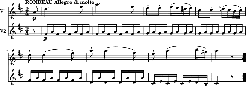 << \new Staff \with { instrumentName = #"V1 "}
\relative c'' {
\version "2.18.2"
\key d \major
\tempo "RONDEAU Allegro di molto"
\time 2/4
\tempo 4 = 140
\partial 8 a8\p d4. fis8 a4. fis8
e-. e-. fis16 (e dis e)
cis8-. cis-. d!16 (cis b cis)
d8-! d4 (fis8)
a8-! a4 (fis8)
e-! a4 (b16 gis) a4 r8 \bar ":|."
}
\new Staff \with { instrumentName = #"V2 "} \relative c' {
\key d \major
\partial 8 r8
\set Staff.midiMinimumVolume = #0.2 \set Staff.midiMaximumVolume = #0.5
fis16\p a \repeat unfold 7 {fis16 a} \repeat unfold 8 {g16 a}
\repeat unfold 4 {fis16 a} \repeat unfold 4 {d,16 a'}
cis, e cis e cis e d b cis4 r8 \bar ":|."
}
>>