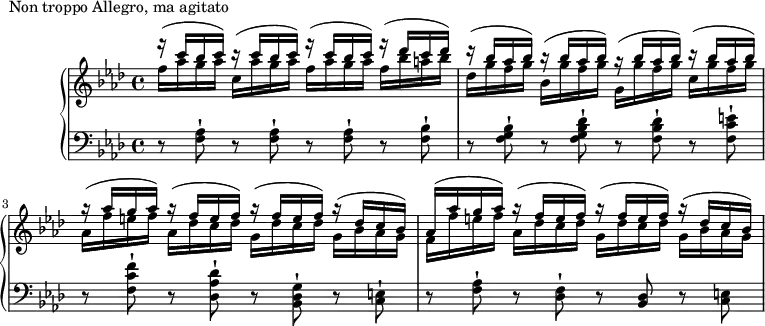 
\version "2.18.2"
\header {
  tagline = ##f
}

LaSoLa = { << { c'16 bes c) } \\ { aes16 g aes] } >> }
SoFaSol = { << { bes'16 aes bes) } \\ { g16 f g] } >> }
FaMiFa = { << { aes'16 g aes) } \\ { f16 e f] } >> }
ReDoRe = { << { f'16 e f) } \\ { des16 c des] } >> }
SiLaSol = { << { des'16 c bes) } \\ { bes16 aes g] } >> }

upper = \relative c'' {
  \clef treble 
  \key f \minor
  \time 4/4
  \tempo 4 = 104
  %\autoBeamOff

   %%Montgeroult — Étude 94 (pdf p. 119)
   << { r16^(  } \\ { f16[ } >> \LaSoLa
   << { r16^(  } \\ { c,16[ } >> \LaSoLa
   << { r16^(  } \\ { f16[ } >> \LaSoLa
   << { r16^( des c des) } \\ { f,16 bes a bes } >>

   << { r16^(  } \\ { des,16[ } >> \SoFaSol
   << { r16^(  } \\ { bes,16[ } >> \SoFaSol
   << { r16^(  } \\ { g,16[ } >> \SoFaSol
   << { r16^(  } \\ { c,16[ } >> \SoFaSol
   << { r16^(  } \\ { aes,16[ } >> \FaMiFa
   << { r16^(  } \\ { aes,16[ } >> \ReDoRe
   << { r16^(  } \\ { g,16[ } >> \ReDoRe
   << { r16^(  } \\ { g,16[ } >> \SiLaSol
   << { aes16^(  } \\ { f16[ } >> \FaMiFa
   << { r16^(  } \\ { aes,16[ } >> \ReDoRe
   << { r16^(  } \\ { g,16[ } >> \ReDoRe
   << { r16^(  } \\ { g,16[ } >> \SiLaSol

}

lower = \relative c {
  \clef bass
  \key f \minor
  \time 4/4

   \repeat unfold 3 { r8 < aes' f >8-! } r8 < bes f >8-!
   r8 < bes g f >8-! r8 < des bes g f >-! r8 < des bes f >-! r8 < e c f, >-!
   r8 < f c f, >8-! r8 < des aes des, >-! r8 < g, des bes >-! r8 < e c >-!
   r8 < aes f >8-! r8 < f des >-! r8 < des bes > r8 < e c >

}

  \header {
    piece = "Non troppo Allegro, ma agitato"
  }

\score {
  \new PianoStaff <<
    \new Staff = "upper" \upper
    \new Staff = "lower" \lower
  >>
  \layout {
    \context {
      \Score
      \remove "Metronome_mark_engraver"
    }
  }
  \midi { }
}
