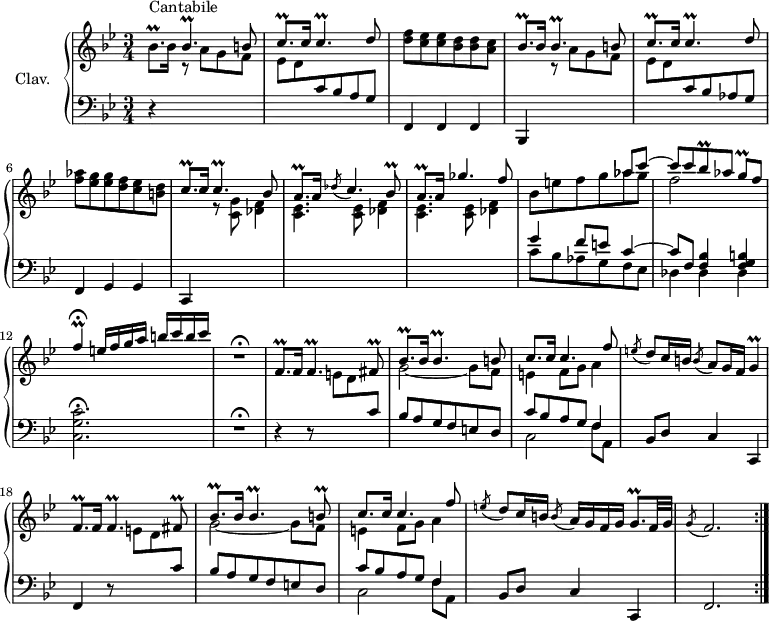 
\version "2.18.2"
\header {
  tagline = ##f
}

%% les petites notes
trillFp       = { \tag #'print { f4.\prall } \tag #'midi { g64 f g f~ f16~ f4 } }
trillCp       = { \tag #'print { c4.\prall } \tag #'midi { d64 c d c~ c16~ c4 } }
trillBesp     = { \tag #'print { bes4.\prall } \tag #'midi { c64 bes c bes~ bes16 bes4 } }
trillGqp      = { \tag #'print { g8.\prall } \tag #'midi { a64 g a g~ g8 } }
trillFqp      = { \tag #'print { f8.\prall } \tag #'midi { g64 f g f~ f8 } }
trillFqpDown  = { \tag #'print { f,,8.\prall } \tag #'midi { g64 f g f~ f8 } }
trillAqp      = { \tag #'print { a8.\prall } \tag #'midi { bes64 a bes a~ a8 } }
trillCqp      = { \tag #'print { c8.\prall } \tag #'midi { d64 c d c~ c8 } }
trillBesqp    = { \tag #'print { bes8.\prall } \tag #'midi { c64 bes c bes~ bes8 } }
trillFisq     = { \tag #'print { fis8\prall } \tag #'midi { g64 fis g fis~ f16 } }
trillGq       = { \tag #'print { g8\prall[ } \tag #'midi { a64 g a g~ g16 } }
trillBq       = { \tag #'print { b8\prall } \tag #'midi { c64 b c b~ b16 } }
trillBesq     = { \tag #'print { bes8\prall } \tag #'midi { c64 bes c bes~ bes16 } }
trillG        = { \tag #'print { g4\prall } \tag #'midi { a64 g a g~ f16~ g8 } }
trillFata     = { \tag #'print { f4\prall\fermata } \tag #'midi { g64 f g f~ f16~ f8 } }

upper = \relative c'' {
  \clef treble 
  \key bes \major
  \time 3/4
  \tempo 4 = 62
  \set Staff.midiInstrument = #"harpsichord"
  \override TupletBracket.bracket-visibility = ##f

  \repeat volta 2 {
      s8*0^\markup{Cantabile}
      \trillBesqp bes16 \stemUp  \trillBesp b8 | \trillCqp c16 \trillCp d8 |  \stemNeutral < d f >8 < c ees > q < bes d > q < a c > | \stemUp \trillBesqp bes16 \trillBesp b8 |
      % ms. 5
       \trillCqp c16 \trillCp d8 |  \stemNeutral < f aes >8 < ees g > q < d f > < c ees > < b d >  |  \stemUp \trillCqp c16 \trillCp bes8 | \trillAqp a16 \acciaccatura des8 \stemUp c4. \trillBesq |
      % ms. 9
      \trillAqp a16 ges'4. f8 | << { s2 aes8 c ~ | c c \trillBesq aes8 \trillGq f8] } \\ { bes,8 e f g aes g | f2 } >> | \trillFata
      % ms. 13 fin
      e16 f g a b c b c | R2.\fermata |
      % ms. 14
      \trillFqpDown f16 \trillFp \trillFisq | << { \trillBesqp bes16  \trillBesp b8 | c8. c16 c4. f8 } \\ { g,2~ g8 f | e4 f8 g a4 } >> | \acciaccatura e'8 d8 c16 b  \acciaccatura b8 a8 g16 f \trillG |
      % ms. 18
      \trillFqp f16 \trillFp \trillFisq | << { \trillBesqp bes16  \trillBesp \trillBq | c8. c16 c4. f8 } \\ { g,2~ g8 f | e4 f8 g a4 } >> | \acciaccatura e'8 d8 c16 b  \acciaccatura b8 a16 g f g \trillGqp f32 g \acciaccatura g8 f2. }%repet

}

lower = \relative c' {
  \clef bass
  \key bes \major
  \time 3/4
  \set Staff.midiInstrument = #"harpsichord"
  \override TupletBracket.bracket-visibility = ##f

  \repeat volta 2 {
    % **************************************
      r4 \stemDown \change Staff = "upper" r8 a'8 g f ees d  \stemUp \change Staff = "lower"  c8 bes a g | f,4 f f | bes, \stemDown \change Staff = "upper" r8 a'''8 g f |
      % ms. 5
       ees8 d  \stemUp \change Staff = "lower"  c bes aes g | f,4 g g | c,4 \stemDown \change Staff = "upper" r8 < c'' g' >8 < des f >4 | \repeat unfold 2 { < c ees >4. q8 < des f >4 }
      % ms. 10
     \change Staff = "lower" << { g4 f8 e } \\ { c8 bes aes g } >>    << { c4~ c8 f, < f bes >4 < f g b > } \\ { f8 ees | des4 des des } >>
      % ms. 12
      < c g' c >2.\fermata | R2.\fermata |
      % ms. 14
      r4 r8 \stemDown \change Staff = "upper" e'8 d \stemUp \change Staff = "lower"  c  |  bes a g f e d  |  << { c'8 bes a g f4 } \\ { c2 f8 a, } >> |  bes d c4 c, |
      % ms. 18
      f4 r8 \stemDown \change Staff = "upper" e''8 d \stemUp \change Staff = "lower"  c  |  bes a g f e d  |  << { c'8 bes a g f4 } \\ { c2 f8 a, } >> |  bes d c4 c, | f2. }%repet

}

thePianoStaff = \new PianoStaff <<
    \set PianoStaff.instrumentName = #"Clav."
    \new Staff = "upper" \upper
    \new Staff = "lower" \lower
  >>

\score {
  \keepWithTag #'print \thePianoStaff
  \layout {
      #(layout-set-staff-size 17)
    \context {
      \Score
     \override SpacingSpanner.common-shortest-duration = #(ly:make-moment 1/2)
      \remove "Metronome_mark_engraver"
    }
  }
}

\score {
  \unfoldRepeats
  \keepWithTag #'midi \thePianoStaff
  \midi { }
}
