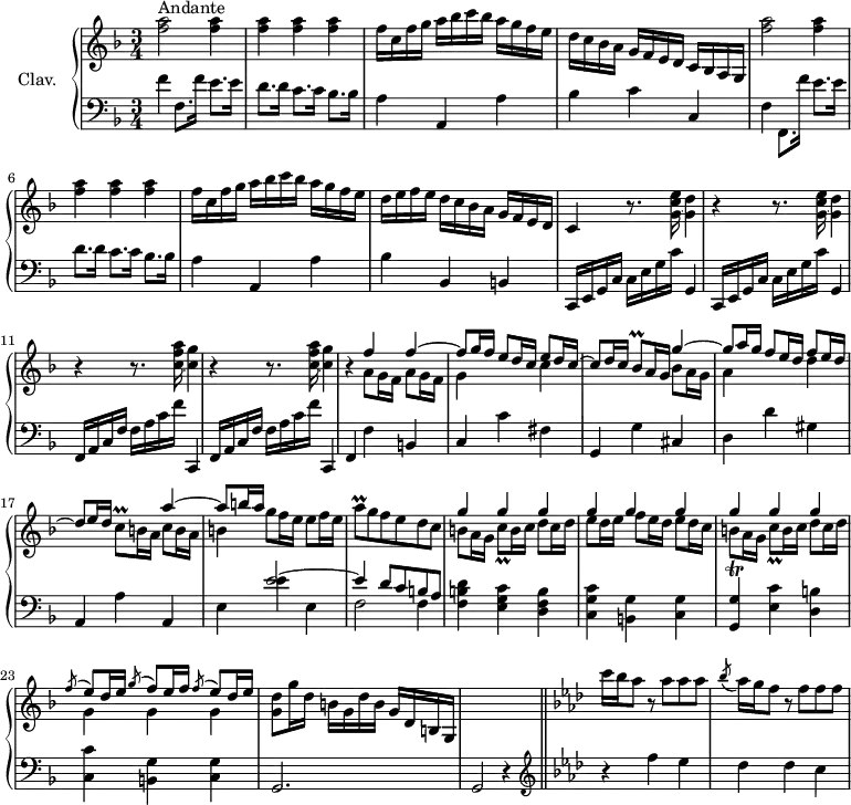 
\version "2.18.2"
\header {
  tagline = ##f
  % composer = "Domenico Scarlatti"
  % opus = "K. 296"
  % meter = "Andante"
}

%% les petites notes
trillBesq     = { \tag #'print { bes8\prall } \tag #'midi { c64 bes c bes~ bes16 } }
trillAq       = { \tag #'print { a8\prall } \tag #'midi { bes64 a bes a~ a16 } }
trillCq       = { \tag #'print { c8\prall } \tag #'midi { d64 c d c~ c16 } }

upper = \relative c'' {
  \clef treble 
  \key f \major
  \time 3/4
  \tempo 4 = 66
  \set Staff.midiInstrument = #"harpsichord"
  \override TupletBracket.bracket-visibility = ##f

      s8*0^\markup{Andante}
      < f a >2 q4 q q q | f16 c f g a bes c bes a g f e |
      % ms. 4
      d16 c bes a g f e d c bes a g |
      < f'' a >2 q4 q q q | f16 c f g a bes c bes a g f e |
      % ms. 8
      d16 e f e d c bes a g f e d | c4 \repeat unfold 2 { r8. < g' c e >16~ < g d' >4 | r4 } 
      % ms. 11
      \repeat unfold 2 { r8. < c f a >16~ < c g' >4 | r4 } 
      << { f4 f4~ | f8 g16 f e8 d16 c e8 d16 c~ | c8 d16 c }
      \\ { \repeat unfold 2 { a8 g16 f } | g4 s4 c4 } >> \trillBesq a16 g
      % ms. 15 suite…
      << { g'4~ | g8 a16 g f8 e16 d f8 e16 d~ | d8 e16 d } \\ { bes8 a16 g | a4 s4 d4 } >> | \trillCq b16 a << { a'4~ | a8 b16 a } \\ { c,8 b16 a | b4 } >> | g'8 f16 e e8 f16 e | \trillAq g8 f e d c |
      % ms. 20
      << { \repeat unfold 9 { g'4 } } \\ { b,8 a16 g \trillCq b16 c d8 c16 d | e8 d16 e f8 e16 d e8 d16 c | b8\trill a16 g \trillCq b16 c d8 c16 d } >> |  << { \acciaccatura f8 e8 d16 e \acciaccatura g8 f8 e16 f  \acciaccatura f8 e8 d16 e } \\ { g,4 g g } >> 
      % ms. 24
      < g d' >8 g'16 d b g d' b g d b g s2. \bar "||"   \key f \minor  c''16 bes aes8 r8 aes8 aes aes \acciaccatura bes8 aes16 g f8 r8 f8 f f |

}

lower = \relative c' {
  \clef bass
  \key f \major
  \time 3/4
  \set Staff.midiInstrument = #"harpsichord"
  \override TupletBracket.bracket-visibility = ##f

    % ************************************** \appoggiatura a16  \repeat unfold 2 {  } \times 2/3 { }   \omit TupletNumber 
      f4 f,8. f'16 e8. e16 | d8. d16 c8. c16 bes8. bes16 | a4 a, a' | 
      % ms. 4
      bes4 c c, | f f,8. f''16 e8. e16 | d8. d16 c8. c16 bes8. bes16 | a4 a, a' |
      % ms. 8
      bes4 bes, b | \repeat unfold 2 { c,16 e g c c e g c g,4  }
      % ms. 11
      \repeat unfold 2 { f16 a c f f a c f c,,4 } | f4 f' b, | c c' fis, | g, g' cis, |
      % ms. 16
      d4 d' gis, | a, a' a, | e' << { e'2~ | e4 d8 c b a } \\ { e'4 e, | f2 f4  } >>
      % ms. 20
      < f b d >4 < e g c > < d f b > | < c g' c > < b g' > < c g' > | < g g' > < e' c' > < d b' > | < c c' > < b g' > < c g' > |
      % ms. 24
      g2. | g2 r4    \clef treble  \key f \minor | r4 f'''4 ees | des des c |

}

thePianoStaff = \new PianoStaff <<
    \set PianoStaff.instrumentName = #"Clav."
    \new Staff = "upper" \upper
    \new Staff = "lower" \lower
  >>

\score {
  \keepWithTag #'print \thePianoStaff
  \layout {
      #(layout-set-staff-size 17)
    \context {
      \Score
     \override SpacingSpanner.common-shortest-duration = #(ly:make-moment 1/2)
      \remove "Metronome_mark_engraver"
    }
  }
}

\score {
  \keepWithTag #'midi \thePianoStaff
  \midi { }
}
