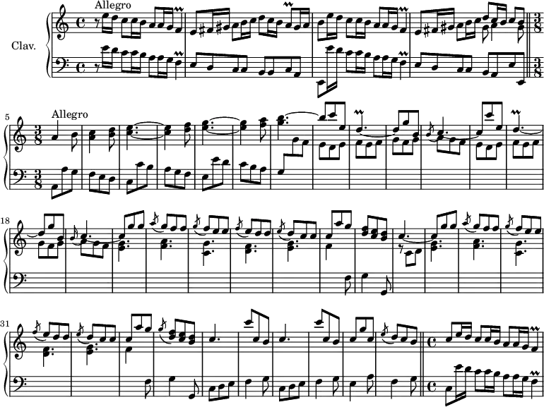 
\version "2.18.2"
\header {
  tagline = ##f
  % composer = "Domenico Scarlatti"
  % opus = "K. 265"
  % meter = "Allegro"
}

%% les petites notes
trillF       = { \tag #'print { f4\prall } \tag #'midi { g32 f g f~ f8 } }
trillA       = { \tag #'print { a8\prall } \tag #'midi { b32 a b a } }
trillDp      = { \tag #'print { d4.\prall~ } \tag #'midi { e32 d e d~ d4~ } }

upper = \relative c'' {
  \clef treble 
  \key a \minor
  \time 4/4
  \tempo 4 = 88
  \set Staff.midiInstrument = #"harpsichord"
  \override TupletBracket.bracket-visibility = ##f

      s8*0^\markup{Allegro}
      r8 e16 d c8 c16 b a8 a16 g \trillF | e8 fis16 gis a8 b16 c d8 c16 b \trillA gis16 a | b8 e16 d c8 c16 b a8 a16 g \trillF |
      % ms. 4
      e8 fis16 gis a8 b16 c << { d8 c16 b c8 b } \\ { gis8  a4 gis8 } >> \bar "||"   \time 3/8 
      % ms. 5
      a4^\markup{Allegro} b8 | < a c >4 < b d >8 | < c e >4.~ | q4 < d f >8 | < e g >4.~
      % ms. 10
      q4 < f a >8 | < g b >4.~ | \stemUp b8 c e, | \trillDp | d8 g b, | \acciaccatura b8 c4.~ c8 c' e, | \trillDp | 
      % ms. 18
      d8 g b, | \appoggiatura b16 c4.~ | c8 g' g | \acciaccatura a8 g8 f f | \acciaccatura g8 f e e | \acciaccatura f8 e8 d d | \acciaccatura e8 d8 c c | 
      % ms. 25
      c8 a' g | < d f >8 < c e > < b d > | c4.~ | c8 g' g | \acciaccatura a8 g8 f f | \acciaccatura g8 f e e | \acciaccatura f8 e8 d d |
      % ms. 32
      \acciaccatura e8 d8 c c |  c8 a' g | \acciaccatura g8 < d f >8 < c e > < b d > | c4. | c'8 c, b | c4. | c'8 c, b |
      % ms. 39
      c8 g' c, | \acciaccatura e8 d8  \tempo 4. = 76 c  \tempo 4 = 64 b   \tempo 4 = 88 | c8 e16 d c8 c16 b a8 a16 g \trillF |

}

lower = \relative c' {
  \clef bass
  \key a \minor
  \time 4/4
  \set Staff.midiInstrument = #"harpsichord"
  \override TupletBracket.bracket-visibility = ##f

    % ************************************** \appoggiatura a16  \repeat unfold 2 {  } \times 2/3 { }   \omit TupletNumber 
      r8 e16 d c8 c16 b a8 a16 g \trillF | e8 d c c b b c a | e e''16 d c8 c16 b a8 a16 g \trillF |
      % ms. 4
      e8 d c c b a \tempo 4 = 76 e'   \tempo 4 = 64 e, | \tempo 4. = 90 \time 3/8  a8 a' g | f e d | c c' b | a g f | e e' d |
      % ms. 10
      c8 b a | g \stemDown \change Staff = "upper" g' f | \repeat unfold 2 { e d e | f e f | g f g | a g f } | 
      % ms. 20
      < e g >4. < f a > < c g' > < d f > < e g >
      % ms. 25
      f4 \stemNeutral \change Staff = "lower" f,8 | g4 g,8 | \stemDown \change Staff = "upper" r8 c'8 d | < e g >4. < f a > < c g' > < d f > 
      % ms. 32
      < e g >4. | f4 \stemNeutral \change Staff = "lower" f,8 | g4 g,8 | \repeat unfold 2  { c8 d e | f4 g8 } |
      % ms. 39
      e4 a8 | f4 g8  \bar "||"   \time 4/4    \tempo 4 = 88
      % ms. 41
      c,8 e'16 d c8 c16 b a8 a16 g \trillF |

}

thePianoStaff = \new PianoStaff <<
    \set PianoStaff.instrumentName = #"Clav."
    \new Staff = "upper" \upper
    \new Staff = "lower" \lower
  >>

\score {
  \keepWithTag #'print \thePianoStaff
  \layout {
      #(layout-set-staff-size 17)
    \context {
      \Score
     \override SpacingSpanner.common-shortest-duration = #(ly:make-moment 1/2)
      \remove "Metronome_mark_engraver"
    }
  }
}

\score {
  \keepWithTag #'midi \thePianoStaff
  \midi { }
}
