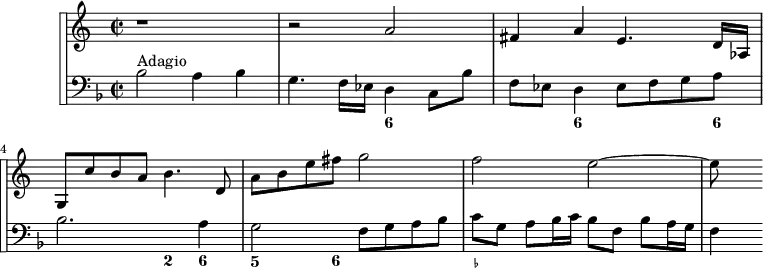 
\version "2.18.2"
\header {
  tagline = ##f
}

\score {

 \new StaffGroup <<
\set StaffGroup.systemStartDelimiter = #'SystemStartSquare
    \new Staff {
      \relative c'' {
%%% *********************************************** %%%
%%% A T T E N T I O N    LES    R O B O T S         %%%
%%% IL NE FAUT PAS TOUCHER AU CODE LILYPOND SUIVANT %%%
%%% CE N'EST PAS DE LA PONCTUATION FRANÇAISE !!!!   %%%
%%% *********************************************** %%%
    \set Staff.keySignature = #`(((0 . 10) . ,FLAT)
                                ((0 . 3) . ,SHARP)
                                ((0 . 7) . ,SHARP))
      \time 2/2
      \tempo 4 = 70
      %\autoBeamOff
      \clef treble
      \override Rest #'style = #'classical
      %\override TupletBracket #'bracket-visibility = ##f
      %\override TupletNumber #'stencil = ##f

   % Violon - Ms. page 30 / pdf
   r1 r2 a2 | fis4 a e4. d16 aes | g8 c' b a b4. d,8 | a' b e fis g2 |
   f2 e2~ |  e8
   % b16 a f8 e d g' a8. f16 | e8 a' b,8. a16 f8 b d, g'

    }
}

    % Continuo
    \new Staff {
  <<
      \key f \major

    \new Voice { \clef bass bes2^"Adagio" a4 bes | g4. f16 ees d4 c8 bes | f ees d4 ees8 f g a bes2. a4 g2 f8 g a bes | c' g a[ bes16 c'] bes8 f bes[ a16 g] | f4 }  
    \new FiguredBass {
      \figuremode {
      s1 s2 < 6 >4 s2 < 6 >4 s4. < 6 >8 s2 < 2 >4 < 6 >4 < 5 >4. < 6 >8 s2 < _- >4
      }
    }
  >>
    }
 >>
  \layout {
    \context {
      \Score
      \remove "Metronome_mark_engraver"
    }
  }
  \midi {}
}
