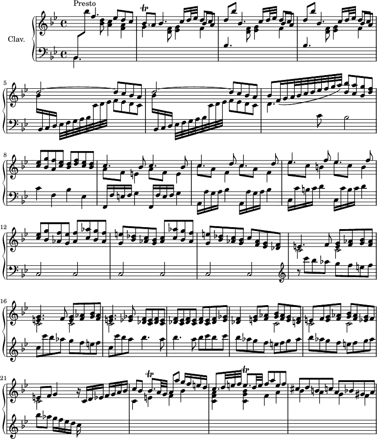 
\version "2.18.2"
\header {
  tagline = ##f
  % composer = "Domenico Scarlatti"
  % opus = "K. 47"
  % meter = "Presto"
}

%% les petites notes
trillBesq     = { \tag #'print { bes8\trill } \tag #'midi { c32 bes c bes } }
trillBesqp    = { \tag #'print { bes8.\trill } \tag #'midi { c32 bes c bes~ bes16 } }
trillEqp      = { \tag #'print { e8.\trill } \tag #'midi { f32 e f e~ e16 } }

upper = \relative c'' {
  \clef treble 
  \key bes \major
  \time 4/4
  \tempo 4 = 120
  \set Staff.midiInstrument = #"harpsichord"
  \override TupletBracket.bracket-visibility = ##f

      s8*0^\markup{Presto}
      s4 \stemUp f4. ees8 d c | \trillBesq a8 \repeat unfold 2 { bes4. c16 d32 ees d8[ c] | d bes' } | 
      % ms. 4 suite…
      bes,4. c16 d32 ees d8[ c] | \repeat unfold 2 { d2^~ d8 c bes a } | 
      % ms. 7
      bes8[ f16( g a32 bes c d ees f g a]) < d, bes' >8 < c a' > < bes g' > < d f > | < c ees > < bes g' > < a f' > < c ees > < bes d > < d f > < c ees > < bes d > | \mergeDifferentlyDottedOn \repeat unfold 2 { << { c4. bes8 } \\ { a8 f e4 } >> }
      % ms. 10
      \repeat unfold 2 { << { c'4. d8 } \\ { c8 a f4 } >> } \repeat unfold 2 { << { ees'4. f8 } \\ { ees8 c b4 } >> } | < c ees >8 < bes g' > < aes f' > < g ees' > < aes f' > < c aes' > < bes g' > < aes f' >
      % ms. 13
      < g e' >8 < bes des > < aes c > < g bes > < aes c > < c aes' > < bes g' > < aes f' > | < g e' > < bes des > < aes c > < g bes > c < f, aes > < ees g > < des f > | 
      % ms. 15
      << { e4. f8 < e g > < f aes > < g bes > < f aes > | < e g >4. f8 < e g > < f aes > < g bes > < f aes > | < e g >4. < ees ges >8  \repeat unfold 2 { < des f > < c ees > < des f > < c ees > } | < des f >8 < c ees > < des f > < ees ges > }
      \\ { \repeat unfold 5 { c2 } } >>
      % ms. 19
      << { < des f >4 < e g >8 < f aes > < g bes > < f aes > < e g > < d f > | e f < e g > < f aes > < g bes > < f aes > < ees g > f | e f g4 } 
      \\ { s2 \repeat unfold 4 { c,2 } } >> r16 c16 d ees f g a bes |
      % ms. 22
      c8 bes \trillBesqp a32 g a8 a' g16 f e d | c8. \omit TupletNumber \times 2/3 { d32 e f } \trillEqp d32 e f8 a e f | cis d b c a bes gis a | 

}

lower = \relative c' {
  \clef bass
  \key bes \major
  \time 4/4
  \set Staff.midiInstrument = #"harpsichord"
  \override TupletBracket.bracket-visibility = ##f

    % ************************************** \appoggiatura a16  \repeat unfold 2 {  } \times 2/3 { }   \omit TupletNumber 
      << { bes,8[ \stemDown \change Staff = "upper"  bes'''] } \\ { \mergeDifferentlyDottedOn bes,,,4. } >> \stemDown \change Staff = "upper"  < bes'' d >8 < a c >4 < f a > |
      g4. \repeat unfold 2 { < d f >8 < ees g >4 << { \shiftOn bes'8 a } \\ { f4 } >>  \stemUp  \change Staff = "lower" bes,4. \stemDown \change Staff = "upper" }
      % ms. 4
      < d f >8 < ees g >4 << { \shiftOn bes'8 a } \\ { f4 } >> \repeat unfold 2 { bes16  \stemUp  \change Staff = "lower" bes,, c d \stemDown ees32 f g a bes  \change Staff = "upper"  c d ees f8 ees d c \stemDown } 
      % ms. 7
      d4. \stemNeutral \change Staff = "lower" c8 bes2 | c4 f, bes ees, | \repeat unfold 2 { f,16 f' e f g4 } 
      % ms. 10
      \repeat unfold 2 { a,16 a' g a bes4 } | \repeat unfold 2 { c,16 c' b c d4 } |
      % ms. 12
      \repeat unfold 6 { c,2 } |   \clef treble 
      % ms. 15
      r8 \repeat unfold 2 { c'''8 bes aes g f e f | c } c' bes a \repeat unfold 2 { bes4. a8 } bes8 c bes c 
      % ms. 19
      \repeat unfold 2 { bes aes g f e f g aes } | bes[ aes] g16 f ees d c s16 s8 s4 | \stemDown \change Staff = "upper"
      % ms. 22
      c,4 e f bes | < c, f a > < c g' bes > f a | bes a g f |

}

thePianoStaff = \new PianoStaff <<
    \set PianoStaff.instrumentName = #"Clav."
    \new Staff = "upper" \upper
    \new Staff = "lower" \lower
  >>

\score {
  \keepWithTag #'print \thePianoStaff
  \layout {
      #(layout-set-staff-size 17)
    \context {
      \Score
     \override SpacingSpanner.common-shortest-duration = #(ly:make-moment 1/2)
      \remove "Metronome_mark_engraver"
    }
  }
}

\score {
  \keepWithTag #'midi \thePianoStaff
  \midi { }
}
