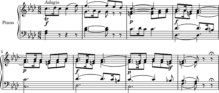 
\version "2.18.2"
\header {
  tagline = ##f
}
upper = \relative c' {
  \clef treble 
  \key aes \major
  \time 6/8
  \tempo "Adagio"
  \tempo 4 = 40

   c'8.^\markup{ \italic {Adagio} }  \f  _ \trill   des16 c8 c4 (f8)
   <<{\stemDown g,8. aes16 g8 g ees \rest ees \rest } \\ {  \stemUp f'4. ^ (f8) ees des }>>
     <<{\stemDown <e, g> 4.   \p ~ <e g>8 <f aes> <g bes> g8.  \f aes16 e8 f4. _ (f8.)  \p g16 f8 e f g} \\ {  \stemUp c4. ^ (c4.)  bes8. aes16 g8 aes4. ^ (aes8.)  bes16 aes8 g aes bes}>>
   <<{\stemDown  g8. \f  f16 e8 f4. _ (f8.)  \p e16 f8 g f e! \f e!4.   _ (f8)} \\ {  \stemUp  bes8. aes16 g8 aes4. ^(aes8.) g16 aes8 bes aes g g4. ^(f8)}>>
   r8 r \fermata
}

lower = \relative c' {
  \clef bass
  \key aes \major
  \time 6/8
 
 <f, aes>4 r8  r4 r8
 <bes des>4.  ~ <bes des>8 r r
 c8. des16 c8 c4.
  <<{\stemDown des,4. _ ( des4. )} \\ {  \stemUp des'4. ^(des8.) c16 b8  }>>
 <c, c'>2.
 <<{\stemDown des2. c f4. _ (f8) } \\ {  \stemUp des'4. ^(des8.) c16 b8 c4. ^(c4) bes!8  bes4. ^(aes8)}>>
 r8 r  \fermata
 
} 

\score {
  \new PianoStaff <<
    \set PianoStaff.instrumentName = #"Piano"
    \new Staff = "upper" \upper
    \new Staff = "lower" \lower
  >>
  \layout {
    \context {
      \Score
      \remove "Metronome_mark_engraver"
    }
  }
  \midi { }
}
