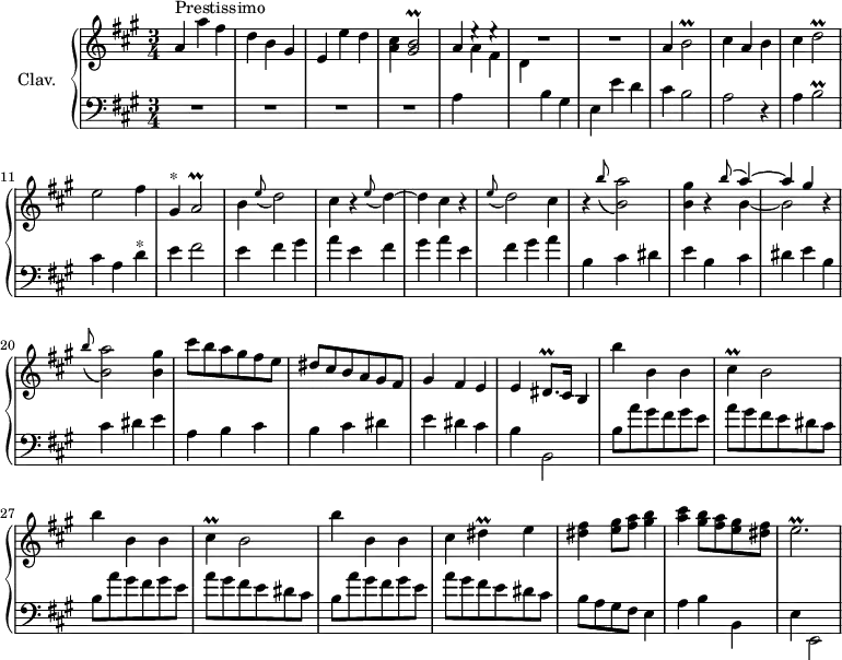 
\version "2.18.2"
\header {
  tagline = ##f
  % composer = "Domenico Scarlatti"
  % opus = "K. 537"
  % meter = "Prestissimo"
}

%% les petites notes
trillGisBb     = { \tag #'print { < gis b >2\prall } \tag #'midi { << { cis16 b cis b~ b4 } \\ { gis2 } >> } }
trillBb        = { \tag #'print { b2\prall } \tag #'midi { cis16 b cis b~ b4 } }
trillDb        = { \tag #'print { d2\prall } \tag #'midi { e16 d e d~ d4 } }
trillAb        = { \tag #'print { a2\prall } \tag #'midi { b16 a b a~ a4 } }
trillDisqp     = { \tag #'print { dis8.\prall } \tag #'midi { \times 2/3 { dis16 e dis~ } dis16 } }
trillCis       = { \tag #'print { cis4\prall } \tag #'midi { d16 cis d cis } }
trillDis       = { \tag #'print { dis4\prall } \tag #'midi { e16 dis e dis } }
trillEbp       = { \tag #'print { e2.\prall } \tag #'midi { fis16 e fis e~ e2 } }

upper = \relative c'' {
  \clef treble 
  \key a \major
  \time 3/4
  \tempo 4 = 230 % Tempo de Ross
  \set Staff.midiInstrument = #"harpsichord"
  \override TupletBracket.bracket-visibility = ##f

      s8*0^\markup{Prestissimo}
      a4 a' fis d b gis | e e' d | < a cis > \trillGisBb | a4 e'4\rest e4\rest | R2.*2 |
      % ms. 8
      a,4 \trillBb | cis4 a b | cis \trillDb | e2 fis4 | gis,4^\markup{*} \trillAb | b4 \appoggiatura e8 d2 |
      % ms. 14
      cis4 r4 \appoggiatura e8 d4~ | d cis r4 | \appoggiatura e8 d2 cis4 |
      % ms. 17
      r4 \appoggiatura b'8 < b, a' >2 | < b gis' >4 r4 << { \appoggiatura b'8  a4~ | a4 gis } \\ { b,4~ | b2 } >> r4 | \appoggiatura b'8 < b, a' >2 < b gis' >4
      % ms. 21
      cis'8 b a gis fis e | dis cis b a gis fis | gis4 fis e | e \trillDisqp cis16   \tempo 4 = 120 b4   \tempo 4 = 230 | \repeat unfold 2 { b''4 b, b | \trillCis b2 } | 
      % ms. 29
      b'4 b, b | cis \trillDis e4 | <dis fis >4 < e gis >8 < fis a > < gis b >4 | < a cis >4 < gis b >8 < fis a > < e gis > < dis fis >
      % m. 33
      \trillEbp

}

lower = \relative c' {
  \clef bass
  \key a \major
  \time 3/4
  \set Staff.midiInstrument = #"harpsichord"
  \override TupletBracket.bracket-visibility = ##f

    % **************************************
      R2.*4 | a4 \stemDown \change Staff = "upper"  a' fis d  \change Staff = "lower"  b gis |
      % ms. 7
      e4 e' d | cis b2 | a r4 | a \trillBb | cis4 a d^\markup{*} | e fis2 | \repeat unfold 3 { e4 fis gis |
      % ms. 14
      a4 } | \repeat unfold 3 { b,4 cis dis e } 
      % ms. 21
      a,4 b cis | b cis dis | e dis cis | b b,2 | \repeat unfold 3 { b'8 a' gis fis gis e | a gis fis e dis cis } |
      % ms. 31
      b8 a gis fis e4 | a4 b b, | 
      % ms. 33
      e4 e,2 | 

}

thePianoStaff = \new PianoStaff <<
    \set PianoStaff.instrumentName = #"Clav."
    \new Staff = "upper" \upper
    \new Staff = "lower" \lower
  >>

\score {
  \keepWithTag #'print \thePianoStaff
  \layout {
      #(layout-set-staff-size 17)
    \context {
      \Score
     \override SpacingSpanner.common-shortest-duration = #(ly:make-moment 1/2)
      \remove "Metronome_mark_engraver"
    }
  }
}

\score {
  \keepWithTag #'midi \thePianoStaff
  \midi { }
}
