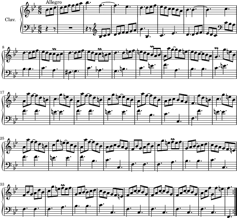 
\version "2.18.2"
\header {
  tagline = ##f
  % composer = "Domenico Scarlatti"
  % opus = "K. 334"
  % meter = "Allegro"
}

%% les petites notes
trillCq      = { \tag #'print { c8\prall } \tag #'midi { d32 c d c } }
trillBesq    = { \tag #'print { bes8\prall } \tag #'midi { c32 bes c bes } }
trillGp      = { \tag #'print { g4.\prall } \tag #'midi { a32 g a g~ g4 } }
trillFq      = { \tag #'print { f8\prall } \tag #'midi { g32 f g f } }

upper = \relative c'' {
  \clef treble 
  \key bes \major
  \time 6/8
  \tempo 4. = 102

  \repeat volta 2 {
      s8*0^\markup{Allegro}
      \partial 4. 
      bes8 c d | d ees f f g a | bes4. f~ | f ees | d d8 ees f |
      % ms. 5
      ees d c c bes a | bes4. bes~ | bes c | d d8 ees f | ees d c \trillCq bes c |
      % ms. 10
      d4. d8 ees f | ees d c \trillCq b8 c | d4. d8 e f | e d c \trillBesq a8 bes | a a' g~ g f e~ |
      % ms. 15
      e8 d c~ c bes a | \trillGp g'8 e bes | a a' f~ f d b | c4. g'8 e bes | a a' f~ f d b | 
      % ms. 20
      c g' e~ e c bes | a a' f~ f d bes | a bes c bes a g | f4. f'8 d b | c4. g'8 e bes |
      % ms. 25
      a8 a' f~ f d b | c g' e~ e c bes | a a' f~ f d bes | a bes c bes a g | f bes g a d bes |
      % ms. 30
      c8 g' e \trillFq e8 f | g, a bes~ bes c d | c bes a g f e | f bes g a d bes | c g' e \trillFq e8 f |
      % ms. 35
      g,8 a bes~ bes c d | c bes a g f e | \repeat unfold 3 { f a c~ c bes g } |
      % ms. 40
      a8 c f g, f' e |   \tempo 4. = 56 f4.   \tempo 4. = 102 }%repet

}

lower = \relative c' {
  \clef bass
  \key bes \major
  \time 6/8

  \repeat volta 2 {
    % ************************************** \appoggiatura a16  \repeat unfold 2 {  } \times 2/3 { }   \omit TupletNumber 
      r4 r8 | R2. | r4 r8   \clef treble  bes8 c d | d ees f f g a | bes4. bes, |
      % ms. 5
      c4. ees | d d8 ees f | ees d c \clef bass c bes a | bes4. bes | c a |
      % ms. 10
      fis4. g | c aes | g b | c e | f a, |
      % ms. 15
      bes4. bes | c e | \repeat unfold 2 { f f |
      % ms. 20
       e e } | f bes, | c c, | f f' | e e |
      % ms. 25
      f4. f | e e | f bes, | c c, | \repeat unfold 2 { f f |
      % ms. 30
      f4. a | bes bes |
      % ms. 36
       c c, } | \repeat unfold 4 { f c } | f,4. }%repet

}

thePianoStaff = \new PianoStaff <<
    \set PianoStaff.instrumentName = #"Clav."
    \new Staff = "upper" \upper
    \new Staff = "lower" \lower
  >>

\score {
  \keepWithTag #'print \thePianoStaff
  \layout {
      #(layout-set-staff-size 17)
    \context {
      \Score
     \override TupletBracket.bracket-visibility = ##f
     \override SpacingSpanner.common-shortest-duration = #(ly:make-moment 1/2)
      \remove "Metronome_mark_engraver"
    }
  }
}

\score {
  \unfoldRepeats
  \keepWithTag #'midi \thePianoStaff
  \midi { \set Staff.midiInstrument = #"harpsichord" }
}
