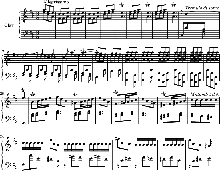 
\version "2.18.2"
\header {
  tagline = ##f
}

%% les petites notes
%trillE       = { \tag #'print { e4.\trill } \tag #'midi { \repeat unfold 3 { fis16 e } } }
%trillEarr    = { \tag #'print { e4.\trill } \tag #'midi { \repeat unfold 2 { fis16 e } fis16 \tempo 4. = 20 e \tempo 4. = 106 } }

trillE       = { \tag #'print { e4.\trill } \tag #'midi { \times 2/3 { fis16 e fis e fis16 e~ } e8 } }
trillEarr    = { \tag #'print { e4.\trill } \tag #'midi { \times 2/3 { fis16 e fis e fis e~ } fis16 \tempo 4. = 20 e \tempo 4. = 106 } }

trillA       = { \tag #'print { a8.\trill } \tag #'midi { \times 2/3 { b16 a b } \tempo 4. = 96 a   \tempo 4. = 106 } }
trillGis     = { \tag #'print { gis8.\trill } \tag #'midi { \times 2/3 { a16 gis a } gis } }
trillFis     = { \tag #'print { fis8.\trill } \tag #'midi { \times 2/3 { gis16 fis gis } fis } }
trillEis     = { \tag #'print { eis8.\trill } \tag #'midi { \times 2/3 { fis16 eis fis } eis } }

tremD        = { \tag #'print { d4~^\markup{\italic "Tremulo di sopra"} d4.~ } \tag #'midi { \repeat unfold 5 { e16 d } } } 
tremFis      = { \tag #'print { fis4~ fis4.~ } \tag #'midi { \repeat unfold 5 { g16 fis } } } 
tremA        = { \tag #'print { a'4~ a4.~ } \tag #'midi { \repeat unfold 5 { b16 a } } }

upper = \relative c'' {
  \clef treble 
  \key d \major
  \time 3/8
  \tempo 4. = 106
  \set Staff.midiInstrument = #"harpsichord"

  << { a'8^"Allegrissimo" fis e  \repeat unfold 3 { d d e } \repeat unfold 2 { fis g a \trillE } fis g a \trillE  \tempo 4. = 100 } \\ { fis8 d a \repeat unfold 3 { fis fis a } \repeat unfold 3 { d8 e fis a,4. } } >>
  << { s4.*4 a8\rest \tremA a8 g fis  g g fis } \\ { s4.*2 g8\rest \stemUp \tremFis fis8 fis4~ fis4.^~ \stemDown fis8 e d  e e d } \\ { r8 \stemDown \tremD d_~ d_~ d_~ d } >>
  % ms. 9
  << { \repeat unfold 18 { < a a' >8 } \relative c'' \trillEarr } \\ { \stemDown e'8 e d e e fis \repeat unfold 2 { e8 d e fis e d } } >>
  % ms. 26
  \trillA b32 cis d16 e | fis8 d b | \trillGis a32 b cis16 d | e8 cis a | \trillFis gis32 a b16 cis | d8 b gis | \trillEis fis32 gis a16 b | 
  % ms. 33
  \tempo 4. = 92 cis16^\markup{\italic "Mutandi i deti"} \repeat unfold 11 { cis16 } fis8 b, a | \repeat unfold 12 { b16 } | gis'8 cis, b |
  \repeat unfold 12 { a16 } | fis'8 b, a | gis16

}

lower = \relative c {
  \clef bass
  \key d \major
  \time 3/8
  \set Staff.midiInstrument = #"harpsichord"

    % **************************************
   s4.*10 << { d8 \repeat unfold 2 { d' b a d g, fis } d' b a d g, } \\ { s4 \repeat unfold 3 { g8 fis4 e8 d4 } d'8 cis4 d8 < a, a' >4 < fis fis' >8 < a a' >4 < d d' >8 | < a a' >8 < fis fis' > < a a' > < d d' > < a a' > < fis fis' > < a a' >8 < fis fis' > < a a' > < d d' >8 < a a' > < d, d' > a'4. } >>

    % ms. 26
    < a' cis >8 < b d > < cis e > | < d fis >4. | < b d >8 < cis e > < d fis > | < cis e >4. | < a cis >8 < b d > < cis e > | < b d >4. | < gis b >8 < a cis > < b d > | < a cis > a gis | fis a' e | dis4 b8 | 
    % ms. 36
    r8 gis'8 fis  | e gis d | r8 cis8 eis | r8 fis8 e! | dis8 |fis cis | r8 b dis | e4
} 

thePianoStaff = \new PianoStaff <<
    \set PianoStaff.instrumentName = #"Clav."
    \new Staff = "upper" \upper
    \new Staff = "lower" \lower
  >>

\score {
  \keepWithTag #'print \thePianoStaff
  \layout {
      #(layout-set-staff-size 17)
    \context {
      \Score
     \override SpacingSpanner.common-shortest-duration = #(ly:make-moment 1/2)
      \remove "Metronome_mark_engraver"
    }
  }
}

\score {
  \keepWithTag #'midi \thePianoStaff
  \midi { }
}

