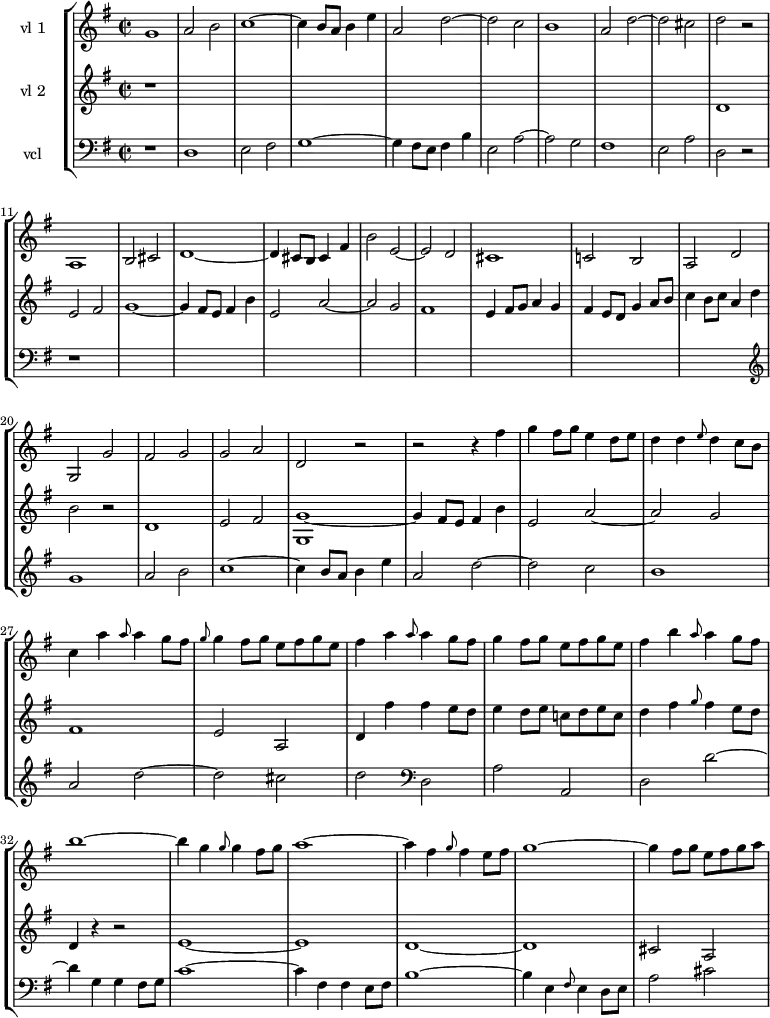 
\version "2.14.2"
\header {
  tagline = ##f
}
global= {
  \time 2/2
  \key g \major
  \tempo 2 = 100
  \set Staff.midiInstrument = #"violin"
}
%%%%% D'après le manuscrit BnF
violonO = \new Voice \relative c'' {
  \set Staff.instrumentName = #"vl 1"
 
    g1 a2 b c1~ c4 b8 a b4 e a,2 d~ d c b1 a2 d~
    d cis d r2 
   % Mesure 11
    a,1 b2 cis d1~ d4 cis8 b cis4 fis b2 e,~ e d 
    cis1 c!2 b a d g, g' fis g g a d, r2
   % Mesure 23
    r2 r4 fis'4 g fis8 g e4 d8 e d4 d \grace {e8} d4 c8 b c4 a' \grace {a8} a4 g8 fis
    \grace {g8} g4 fis8 g e8 fis g e fis4 a \grace {a8} a4 g8 fis g4 fis8 g e fis g e
   % Mesure 30
    fis4 b \grace {a8} a4 g8 fis b1~ b4 g \grace {g8} g4 fis8 g a1~ a4 fis \grace {g8} fis4 e8 fis g1~ g4 fis8 g e fis g a
}

violonOO = \new Voice \relative c' {
  \set Staff.instrumentName = #"vl 2"
  \clef treble

  { 
    r1*9
   % mesure 10
    d1 e2 fis g1~ g4 fis8 e fis4 b e,2 a2~ a g fis1
    e4 fis8 g a4 g fis e8 d g4 a8 b c4 b8 c a4 d b2 r2 
   % Mesure 21
    d,1 e2 fis < g g, >1~
    g4 fis8 e fis4 b e,2 a~ a g fis1 e2 a, d4 fis'4 fis e8 d e4 d8 e c!8 d e c
    d4 fis \grace {g8} fis4 e8 d d,4 r4 r2
   % Mesure 33
    e1~ e d~ d cis2 a
 }

}

violoncelle = \new Voice \relative c {
  \set Staff.instrumentName = #"vcl"
  \clef bass

   r1 d1 e2 fis g1~ g4 fis8 e fis4 b e,2 a~ a g fis1
   e2 a d, r2 r1*9
   \clef treble
   g'1 a2 b c1~ c4 b8 a b4 e
   a,2 d~ d c b1 a2 d~ d cis d
   \clef bass 
   d,,2 a' a, d d'~ d4 g, g fis8 g c1~
  % Mesure 
   c4 fis, fis e8 fis b1~ b4 e, \grace {fis8} e4 d8 e a2 cis

}

\score {
  \new StaffGroup <<
    \new Staff << \global \violonO >>
    \new Staff << \global \violonOO >>
    \new Staff << \global \violoncelle >>
  >>
  \layout {
    \context {
      \Score
      \remove "Metronome_mark_engraver"
    }
  }
  \midi { }
}
