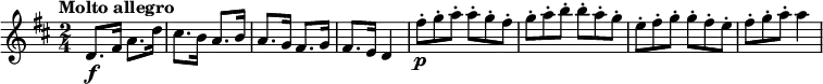 
\relative c'' {
  \version "2.18.2"
  \key d \major
   \time 2/4
    \tempo "Molto allegro"
    \tempo4 = 120
  d,8. \f fis16 a8. d16
  cis8. b16 a8. b16
  a8. g16 fis8. g16
  fis8. e16 d4
  \scaleDurations 2/3 { fis'8-.  \p [g-. a-.] }  \scaleDurations 2/3 {a-. [g-. fis-.]} 
  \scaleDurations 2/3 {g-. [a-. b-.]}  \scaleDurations 2/3 {b-. [a-. g-.]}
  \scaleDurations 2/3 {e-. [fis-. g-.]} \scaleDurations 2/3 {g-. [fis-. e-.]} \scaleDurations 2/3 {fis-. [g-. a-.]} a4 
}
