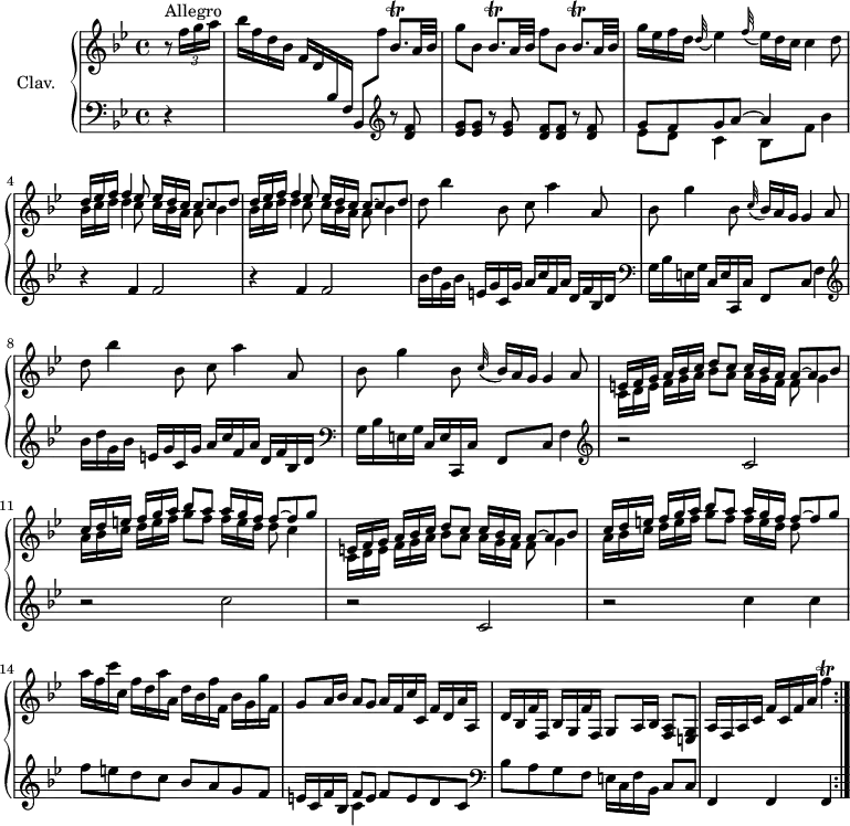 
\version "2.18.2"
\header {
  tagline = ##f
  % composer = "Domenico Scarlatti"
  % opus = "K. 66"
  % meter = "Allegro"
}

%% les petites notes
trillBesqpDown     = { \tag #'print { bes,8.\trill } \tag #'midi { c32 bes c bes~ bes16 } }
trillBesqp         = { \tag #'print { bes8.\trill } \tag #'midi { c32 bes c bes~ bes16 } }
trillFUp           = { \tag #'print { f'4\trill } \tag #'midi { g32 f g f  g   \tempo 4 = 30 f~ f16   \tempo 4 = 90 } }
 
upper = \relative c'' {
  \clef treble 
  \key bes \major
  \time 4/4
  \tempo 4 = 90
  \set Staff.midiInstrument = #"harpsichord"
  \override TupletBracket.bracket-visibility = ##f

\repeat volta 2 {
      s8*0^\markup{Allegro}
      \partial 4 r8 \times 2/3 { f16[ g a] } | bes16 f d bes f d \change Staff = "lower" bes f bes,8 \change Staff = "upper"  f''' \trillBesqpDown a32 bes | g'8 bes, \trillBesqp a32 bes f'8 bes, \trillBesqp a32 bes |
      % ms. 3
      g'16 ees f d \appoggiatura d32 ees4 \appoggiatura f32 \omit TupletNumber \times 2/3 { ees16[ d c] } c4d8 | 
      \repeat unfold 2 { 
      << { \omit TupletNumber \times 2/3 { d16[ ees f] } f4 ees8 \times 2/3 { ees16[ d c] } c8~ c d } 
      \\ { \omit TupletNumber \times 2/3 { bes16[ c d] } d4 c8 \times 2/3 { c16[ bes a] } a8 bes4 } >> 
      }
      % ms. 6
      \repeat unfold 2 {  d8 bes'4 bes,8 c a'4 a,8 | bes8 g'4 bes,8 \appoggiatura c32 \times 2/3 { bes16[ a g] } g4 a8 } | 
      % ms. 10
      << { \omit TupletNumber \times 2/3 { e16[ f g] } \times 2/3 { a16 bes c] } d8 c \times 2/3 { c16[ bes a] } a8~ a bes | \times 2/3 { c16[ d e] } \times 2/3 { f16 g a] } bes8 a \times 2/3 { a16[ g f] } f8~ f g } 
      \\ { \omit TupletNumber \times 2/3 { c,,16[ d e] } \times 2/3 { f16[ g a] } bes8 a \times 2/3 { a16[ g f] } f8 g4  | \times 2/3 { a16[ bes c] } \times 2/3 { d16[ e f] } g8 f \times 2/3 { f16[ e d] } d8 c4 } >> |

      << { \omit TupletNumber \times 2/3 { e,16[ f g] } \times 2/3 { a16 bes c] } d8 c \times 2/3 { c16[ bes a] } a8~ a bes | \times 2/3 { c16[ d e] } \times 2/3 { f16 g a] } bes8 a \times 2/3 { a16[ g f] } f8~ f g } 
      \\ { \omit TupletNumber \times 2/3 { c,,16[ d e] } \times 2/3 { f16[ g a] } bes8 a \times 2/3 { a16[ g f] } f8 g4  | \times 2/3 { a16[ bes c] } \times 2/3 { d16[ e f] } g8 f \times 2/3 { f16[ e d] } d8 } >> |

      % ms. 14
      a'16 f c' c,  f d a' a,  d bes f' f,  bes g g' f, |
      % ms. 15
      g8 a16 bes  a8 g  a16 f c' c,  f d a' a, | d bes f' f, bes g f' f, g8 a16 bes < f a >8 < e g > | a16 f a c f c f a \trillFUp }%repet

}

lower = \relative c' {
  \clef bass
  \key bes \major
  \time 4/4
  \set Staff.midiInstrument = #"harpsichord"
  \override TupletBracket.bracket-visibility = ##f

\repeat volta 2 {
    % ************************************** \appoggiatura a16  \repeat unfold 2 {  } \times 2/3 { }   \omit TupletNumber 
      r4 | s2.   \clef treble  r8 < d f >8 | < ees g > q r8 q < d f > q r8 q |
      % ms. 3
      << { g8 f g a~ a4 } \\ { ees8 d c4 bes8 f' bes4 } >> | \repeat unfold 2 { r4 f4 f2 } | 
      % ms. 6
      \repeat unfold 2 { bes16 d g, bes  e, g c, g'  a c f, a  d, f bes, d |   \clef bass g,16 bes e, g c, e c,c' f,8 c' f4 \clef treble } |
      % ms. 10
      r2 c'2 | r2   \clef treble  c'2 |
      % ms. 12
       r2 c,2 | r2 c'4 c | f8 e d c bes a g f |
      % ms. 15
      e16 c f bes, << { f'8 e } \\ { c4 } >> f8 e d c | \clef bass  bes8 a g f  e16 c f bes, c8 c | f,4 f f }%repet

}

thePianoStaff = \new PianoStaff <<
    \set PianoStaff.instrumentName = #"Clav."
    \new Staff = "upper" \upper
    \new Staff = "lower" \lower
  >>

\score {
  \keepWithTag #'print \thePianoStaff
  \layout {
      #(layout-set-staff-size 17)
    \context {
      \Score
     \override SpacingSpanner.common-shortest-duration = #(ly:make-moment 1/2)
      \remove "Metronome_mark_engraver"
    }
  }
}

\score {
  \unfoldRepeats
  \keepWithTag #'midi \thePianoStaff
  \midi { }
}
