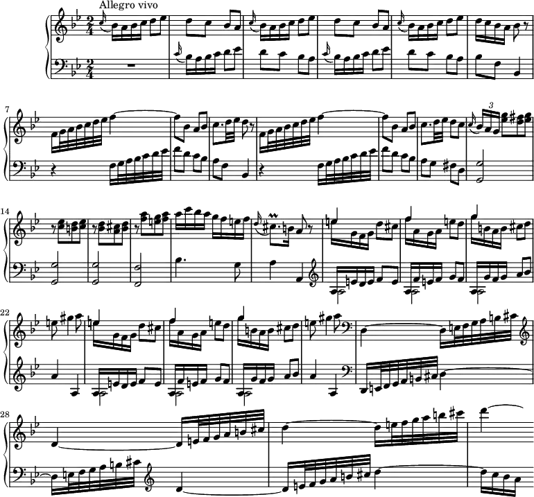 
\version "2.18.2"
\header {
  tagline = ##f
}

upper = \relative c'' {
  \clef treble 
  \key bes \major
  \time 2/4
  \tempo 2 = 52
  \set Staff.midiInstrument = #"harpsichord"
  \override TupletBracket.bracket-visibility = ##f


      s8*0^\markup{Allegro vivo}
      \repeat unfold 2 { \appoggiatura c16 bes16 a bes c d8 ees | d c bes a } |
      % ms. 5
      \appoggiatura c16 bes16 a bes c d8 ees | d16 c bes a bes8 r8 | f16 g32 a bes c d ees f4~ | f8 bes, a bes | c8. d32 ees d8 r8 |
      % ms. 10
      f,16 g32 a bes c d ees f4~ | f8 bes, a bes | c8. d32 ees d8 c | \appoggiatura  c16 \times 2/3 { bes[ a g] } < ees' g >8[ < d fis > < ees g >] | 
      % ms. 14
      r8 < c ees >8[ < b d > < c ees >] | r8 < bes d >[ < a cis > < bes d >] | r8 < f' a >[ < e g > < f a >] | a16 c bes a g f e f | \appoggiatura  d16 cis8.\prall b16 a8 r8 |
      % ms. 19 
      \repeat unfold 2 { << { e'4 s4 f s4 g s4 } \\ { e16 g, f g d'8 cis | f16 a, g a e'8 d | g16 b, a b cis8 d | e8 gis4 a8 } >> } |   \clef bass 
      % ms. 27
      d,,,4~ d16 e32 f g a b cis    \clef treble  d4~ d16 e32 f g a b cis | d4~ d16 e32 f g a b cis | d4~ \hideNotes d16

}

lower = \relative c' {
  \clef bass
  \key bes \major
  \time 2/4
  \set Staff.midiInstrument = #"harpsichord"

    % **************************************
      \grace s16 % pour le bug
     R2 \repeat unfold 2 { \appoggiatura c16 bes16 a bes c d8 ees | d c bes a } | bes8 f bes,4 | 
     % ms. 7
     r4 f'16 g32 a bes c d ees | f8 d c bes | a f bes,4 |
     % ms. 10
     r4 f'16 g32 a bes c d ees | f8 d c bes | a g fis d | < g, g' >2 q q |
     % ms. 16
     < f f' >2 bes'4. g8 | a4 a, |   \clef treble  
     % ms. 19
     \repeat unfold 2 { << { a'16 e' d e f8 e | a,16 f' e f g8 f | a,16 g' f g a8 bes | a4 a, } \\ { a2 a a } >> } |   \clef bass 
     % ms. 27
     d,,16 e32 f g a b cis d4~ | d16 e32 f g a b cis   \clef treble  d4~ | d16 e32 f g a b cis d4~ | d16 c bes a s16

}

thePianoStaff = \new PianoStaff <<
    \set PianoStaff.instrumentName = #"Clav."
    \new Staff = "upper" \upper
    \new Staff = "lower" \lower
  >>

\score {
  \keepWithTag #'print \thePianoStaff
  \layout {
      #(layout-set-staff-size 17)
    \context {
      \Score
     \override SpacingSpanner.common-shortest-duration = #(ly:make-moment 1/2)
      \remove "Metronome_mark_engraver"
    }
  }
}

\score {
  \keepWithTag #'midi \thePianoStaff
  \midi { }
}
