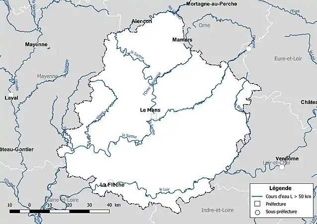 Carte des cours d'eau de longueur supérieure à 50&nbsp;km de la Sarthe.
