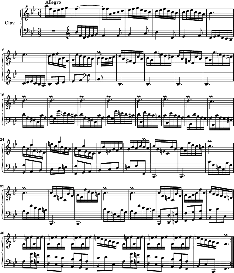 
\version "2.18.2"
\header {
  tagline = ##f
}

% petites notes
prallBes = { \tag #'print { bes4\prall~ } \tag #'midi { \times 2/3 { c32 bes c bes c bes~ } bes8~ } }
prallD = { \tag #'print { d4.\prall } \tag #'midi { \times 2/3 { ees32 d ees d ees d~ } d4 } }
prallEes = { \tag #'print { ees4.\prall } \tag #'midi { \times 2/3 { f32 ees f ees f ees~ } ees4 } }
prallC = { \tag #'print { c4.\prall } \tag #'midi { \times 2/3 { d32 c d c d c~ } c4 } }
prallF = { \tag #'print { f4.\prall } \tag #'midi { \tempo 4. = 50 \times 2/3 { g32 f g f g f~ } \tempo 4. = 45 f4   \tempo 4. = 60 } }

prallBesqq = { \tag #'print { bes16\prall } \tag #'midi { \times 2/3 { bes32 c bes } } }

upper = \relative c'' {
  \clef treble 
  \key bes \major
  \time 3/8
  \tempo 4. = 60
  \set Staff.midiInstrument = #"harpsichord"

  \repeat volta 2 {
      s8*0^\markup{Allegro}
      bes'16 f d ees f g  | f4.~ f16 f a, bes c d | ees f g ees d c | d ees f d c bes  |
      % ms. 6
      c16 d ees c bes a | bes4. | ees | d16 ees f a, bes f | g ees' d c bes a |
      % ms. 11
      \prallBes bes32 a bes c | \repeat unfold 2 { d16 a fis d c' a | bes g g' e d cis } |
      % ms. 16
      \repeat unfold 5 { \prallD }
      % ms. 21
      \prallEes \prallD \prallC << { s8 d4 s8 g4 s8 c,4 } \\ { bes16 g d' f, e d | e' c g' bes, a g | a f c' ees, d c  } >>
      % ms. 27
      d16 bes' e, g f a | g bes a c \prallBesqq a16 | \repeat unfold 2 { c16 g e c bes' g | a f f' d c b |
      % ms. 31
      \repeat unfold 2 { \prallC } }
      % ms. 37
      c16 g e c bes' g | a f a c f c | d bes a g f e | \repeat unfold 2 { \repeat unfold 6 { f e' f } e16 d c bes a g } | \prallF
}
}%reprise

lower = \relative c' {
  \clef bass
  \key bes \major
  \time 3/8
  \set Staff.midiInstrument = #"harpsichord"

  \repeat volta 2 {
    % **************************************
       R4. |   \clef treble  bes'16 f d ees f g | f4 f8 | g4 a8 | bes4 d,8 |
       % ms. 6
       ees4 f8 | d16 ees f d c bes | c d ees c bes a | bes8 c d | ees[ f]   \clef bass f, |
       % ms. 11
       bes,4 r8 | d,4. d d d |
       % ms. 16
       \repeat unfold 2 { d''16 a fis d c' a | bes g g' e d cis } | d16 d, f' d c b |
       % ms. 21
       c16 c, ees' c bes a | bes bes, d' bes a g  | a a, c' a g fis | < g, g' >8 a bes | c d e |
       % ms. 28
       < f, f' >8 g a | bes c d | e  f f, | \repeat unfold 2 { c4. c | c''16 g e c bes' g | a f f' d c b } |
       % ms. 37
       < c,, c'>8 < d d' > < e e' > < f f' > < g g' > < a a' > < bes bes' > c' c,  | f8 < f f' > < e e' > < d d' > < c c' > < bes bes' > < a a' > < g g' > < f f' > | 
       % ms. 43
       < bes bes' >8 c' c, | f8 < f f' > < e e' > < d d' > < c c' > < bes bes' > < a a' > < g g' > < f f' > | bes8 c c, f4. }%reprise


}

thePianoStaff = \new PianoStaff <<
    \set PianoStaff.instrumentName = #"Clav."
    \new Staff = "upper" \upper
    \new Staff = "lower" \lower
  >>

\score {
  \keepWithTag #'print \thePianoStaff
  \layout {
      #(layout-set-staff-size 17)
    \context {
      \Score
     \override SpacingSpanner.common-shortest-duration = #(ly:make-moment 1/2)
      \remove "Metronome_mark_engraver"
    }
  }
}

\score {
  \unfoldRepeats
  \keepWithTag #'midi \thePianoStaff
  \midi { }
}
