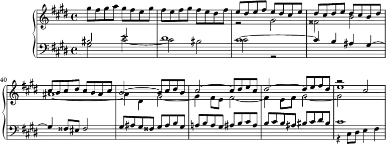 
\version "2.18.2"
\header {
  tagline = ##f
}
upper = \relative c''' {
  \clef treble 
  \key cis \minor
  \time 4/4
  \tempo 4 = 110
  %\autoBeamOff
  \set Score.currentBarNumber = #36

    gis8 fis gis a gis fis e gis fis e fis gis fis e dis fis 
    << { e dis e fis e dis cis e dis cis dis e dis cis b dis cis b cis dis cis b ais cis } \\ { r2 gis2 fisis b ais1~ } >>
    << { b2~ b8 cis dis b cis2~ cis8 dis e cis dis2~ dis8 e fis dis e1 } \\ { ais,4 dis, gis2~ gis4 fis8 e fis2~ fis4 e8 fis gis2~ gis~ } \\ { s1*3 r2 cis2 }  >>
    

}

lower = \relative c' {
  \clef bass
  \key cis \minor
  \time 4/4

    << { bis2 e dis1 cis~ cis4 b ais gis~ gis fisis8 eis fisis2 } \\ { gis2 cis~ cis bis cis r2 } >>
    << { gis8 ais gis fisis gis ais b gis | a! b a gis  ais b cis ais | b cis b ais  bis cis dis bis } \\ {} >>
    << { cis1 } \\ { r4 cis,8 dis e4 fis } >>

}

\score {
  \new PianoStaff <<
    % \set PianoStaff.instrumentName = #"BWV 849"
    \new Staff = "upper" \upper
    \new Staff = "lower" \lower
  >>
  \layout {
    \context {
      \Score
      \remove "Metronome_mark_engraver"
    }
  }
  \midi { }
}
