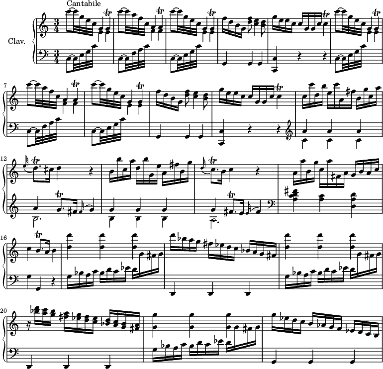 
\version "2.18.2"
\header {
  tagline = ##f
  % composer = "Domenico Scarlatti"
  % opus = "K. 132"
  % meter = "Cantabile"
}

%% les petites notes
trillG       = { \tag #'print { g4\trill } \tag #'midi { a32 g a g~ g8 } }
trillGResp   = { \tag #'print { g4\trill } \tag #'midi { a32 g a g~  \tempo 4 = 45 g8   \tempo 4 = 78 } }
trillA       = { \tag #'print { a4\trill } \tag #'midi { b32 a b a~ a8 } }
trillCResp   = { \tag #'print { c4\trill } \tag #'midi { d32 c d c~ \tempo 4 = 45  c8 \tempo 4 = 78  } }
trillC       = { \tag #'print { c4\trill } \tag #'midi { d32 c d c~ c8 } }
trillDqp     = { \tag #'print { d8.\trill } \tag #'midi { e32 d e d~ d16 } }
trillCqp     = { \tag #'print { c8.\trill } \tag #'midi { d32 c d c~ c16 } }
trillBqp     = { \tag #'print { b8.\trill } \tag #'midi { c32 b c b~ b16 } }
trillGqp     = { \tag #'print { g8.\trill } \tag #'midi { a32 g a g~ g16 } }
trillFisqp   = { \tag #'print { fis8.\trill } \tag #'midi { g32 fis g fis~ fis16 } }

upper = \relative c'' {
  \clef treble 
  \key c \major
  \time 3/4
  \tempo 4 = 78
  \set Staff.midiInstrument = #"harpsichord"
  \override TupletBracket.bracket-visibility = ##f

      s8*0^\markup{Cantabile}
      \repeat unfold 2 { c'8~ c32 g e c g4 \trillG | c'8~ c32 a f c a4 \trillA | c'8~ c32 g e c g4 \trillGResp | f'16 d b g  < d' f >8 < c e >4 < b d >8
      % ms. 5
      g'16 e e c  c g g c \trillCResp } | 
      % ms. 11
      c16 c' d, b' e, c' a, fis' b, g' c, a' | \appoggiatura e32 \trillDqp cis16 d4 r4 |
      % ms. 13
      b16 b' c, a' d, b' g, e' a, fis' b, g' | \appoggiatura d32 \trillCqp b16 c4 r4 | a16 a' b, g' c, a' fis, a g b a c | c4 \trillBqp a16 b4 |
      % ms. 17
      < d d' >4 q q | d'16 bes a g fis ees d c bes a g fis | < d' d' >4 q q |
      % ms. 20
      r16 < bes' d >16 < a c > < g bes >  < fis a > < ees g > < d fis > < c ees >  < bes d > < a c > < g bes > < fis a > | < g g' >4 q q | g'16 ees d c b aes g f ees d c b |

}

lower = \relative c' {
  \clef bass
  \key c \major
  \time 3/4
  \set Staff.midiInstrument = #"harpsichord"
  \override TupletBracket.bracket-visibility = ##f

    % ************************************** \appoggiatura a16  \repeat unfold 2 {  } \times 2/3 { }   \omit TupletNumber 
      \repeat unfold 2 { c,8~ c32 e g c \stemDown \change Staff = "upper"  e4 e \stemNeutral \change Staff = "lower"  |  c,8~ c32 f a c \stemDown \change Staff = "upper" f4 f  \stemNeutral \change Staff = "lower"   |  c,8~ c32 e g c \stemDown \change Staff = "upper"  e4 e \stemNeutral \change Staff = "lower" | g,,4 g g |
      % ms. 5
      < c, c' >4 r4 r4 } |   \clef treble 
      % ms. 11
      << { a'''4 a a | a \trillGqp fis16 \appoggiatura fis32 g4 } \\ { c,4 c c | b2. } >>
      % ms. 13
      << { g'4 g g | g \trillFisqp e16 \appoggiatura e32 fis4 } \\ { b,4 b b | a2. } >>   \clef bass < a c d fis >4 < a c > < d, a' d > | g g, r4 |
      % ms. 17
      \repeat unfold 2 { g'16 bes a c bes d c ees d \stemDown \change Staff = "upper" g fis g \stemNeutral \change Staff = "lower"  | d,,4 d d } | 
      % ms. 21
      g'16 bes a c bes d c ees d \stemDown \change Staff = "upper"  g fis g \stemNeutral \change Staff = "lower"  | g,,4 g g |

}

thePianoStaff = \new PianoStaff <<
    \set PianoStaff.instrumentName = #"Clav."
    \new Staff = "upper" \upper
    \new Staff = "lower" \lower
  >>

\score {
  \keepWithTag #'print \thePianoStaff
  \layout {
      #(layout-set-staff-size 17)
    \context {
      \Score
     \override SpacingSpanner.common-shortest-duration = #(ly:make-moment 1/2)
      \remove "Metronome_mark_engraver"
    }
  }
}

\score {
  \keepWithTag #'midi \thePianoStaff
  \midi { }
}
